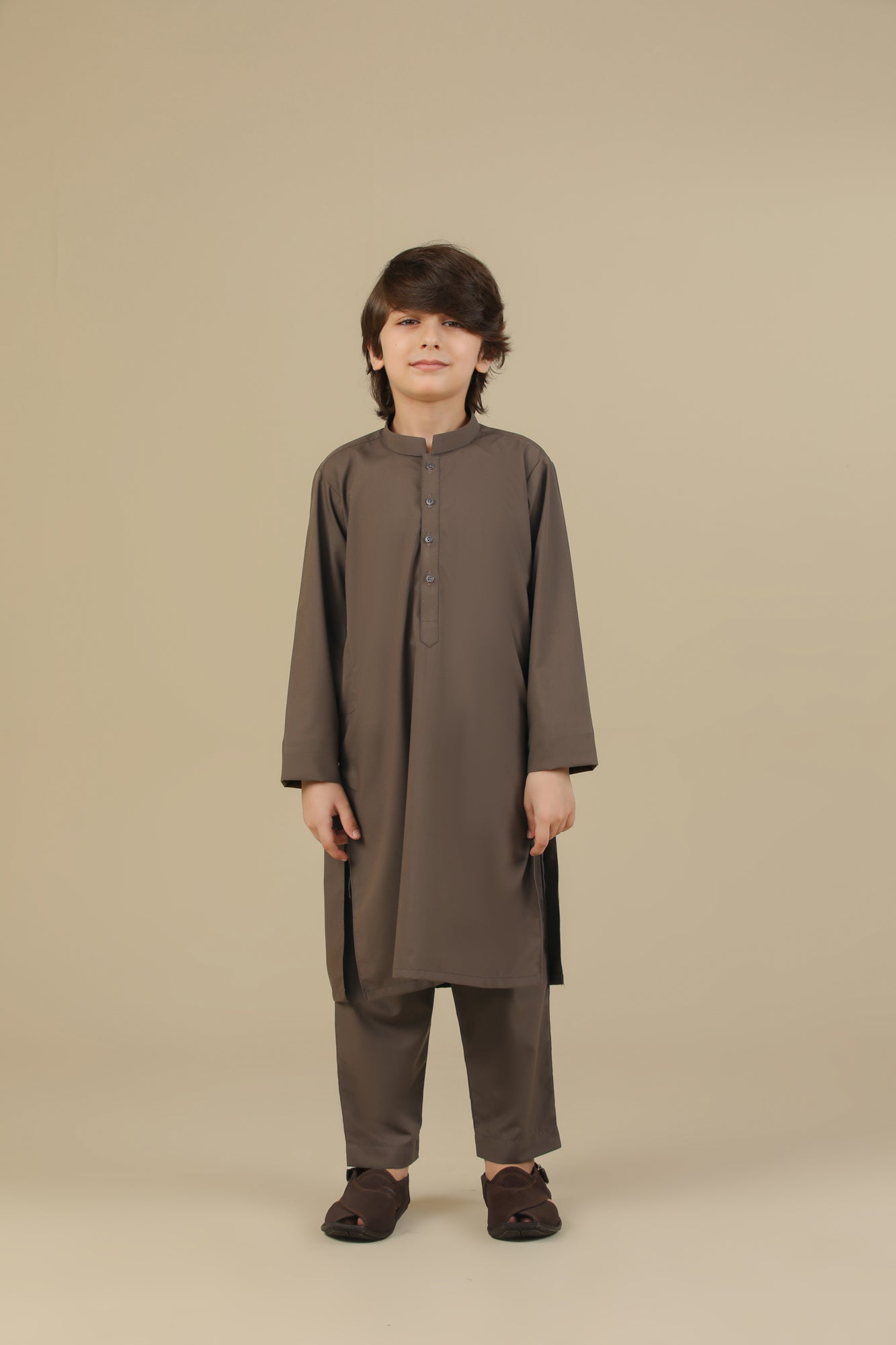 Light Brown Blended Kurta Trouser - Kids
