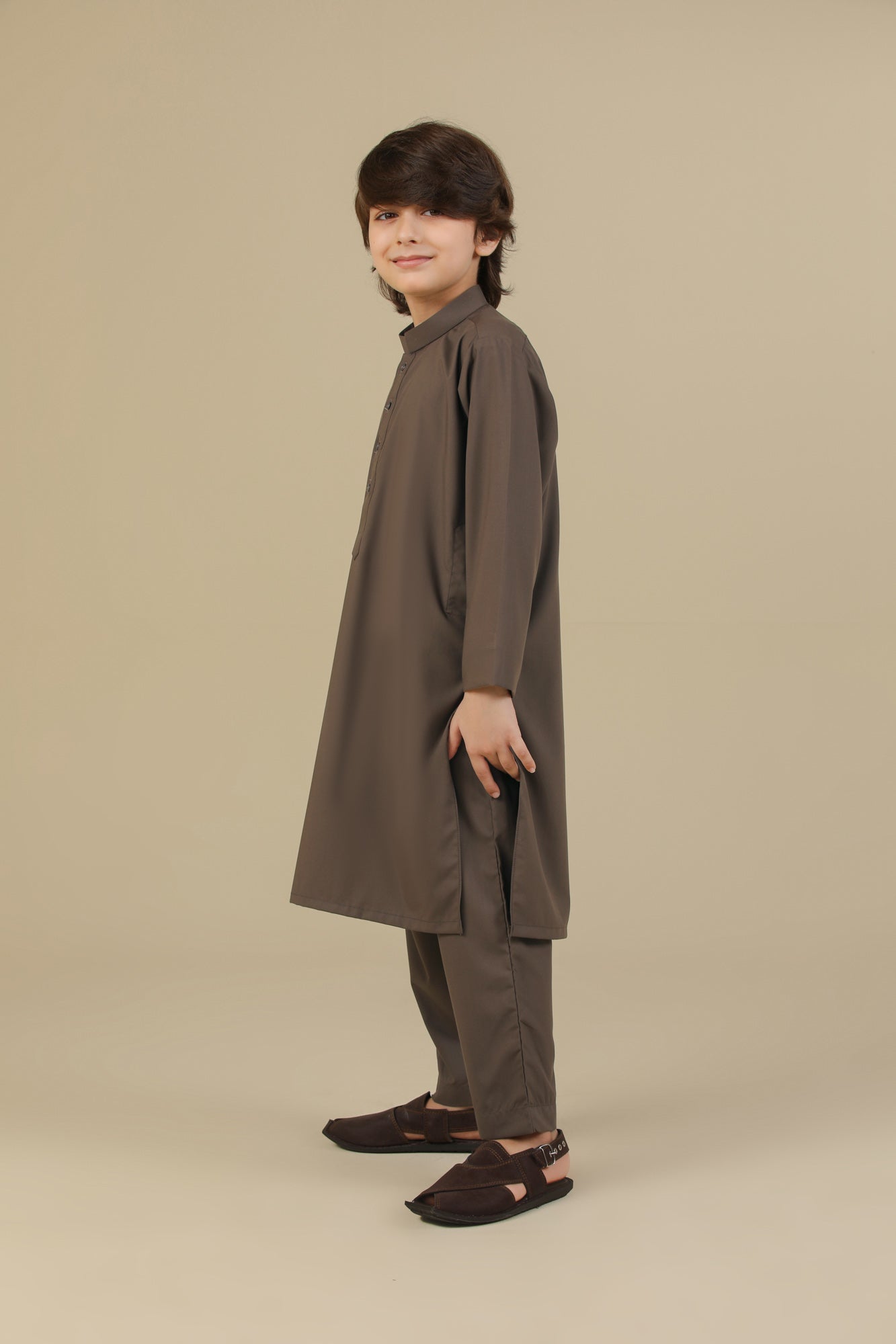 Light Brown Blended Kurta Trouser - Kids