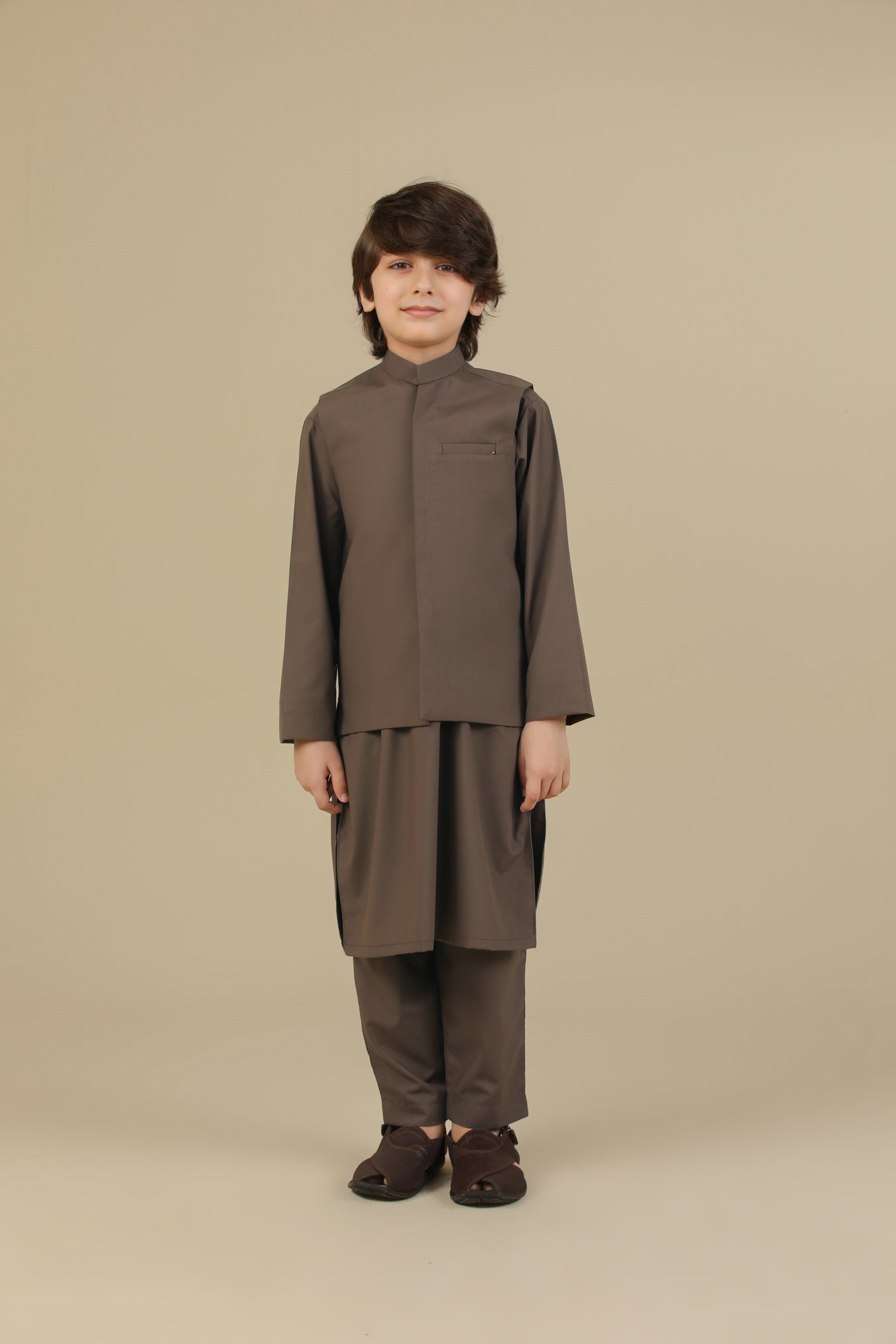 Light Brown Kurta Trouser with Blended Waistcoat - Kids