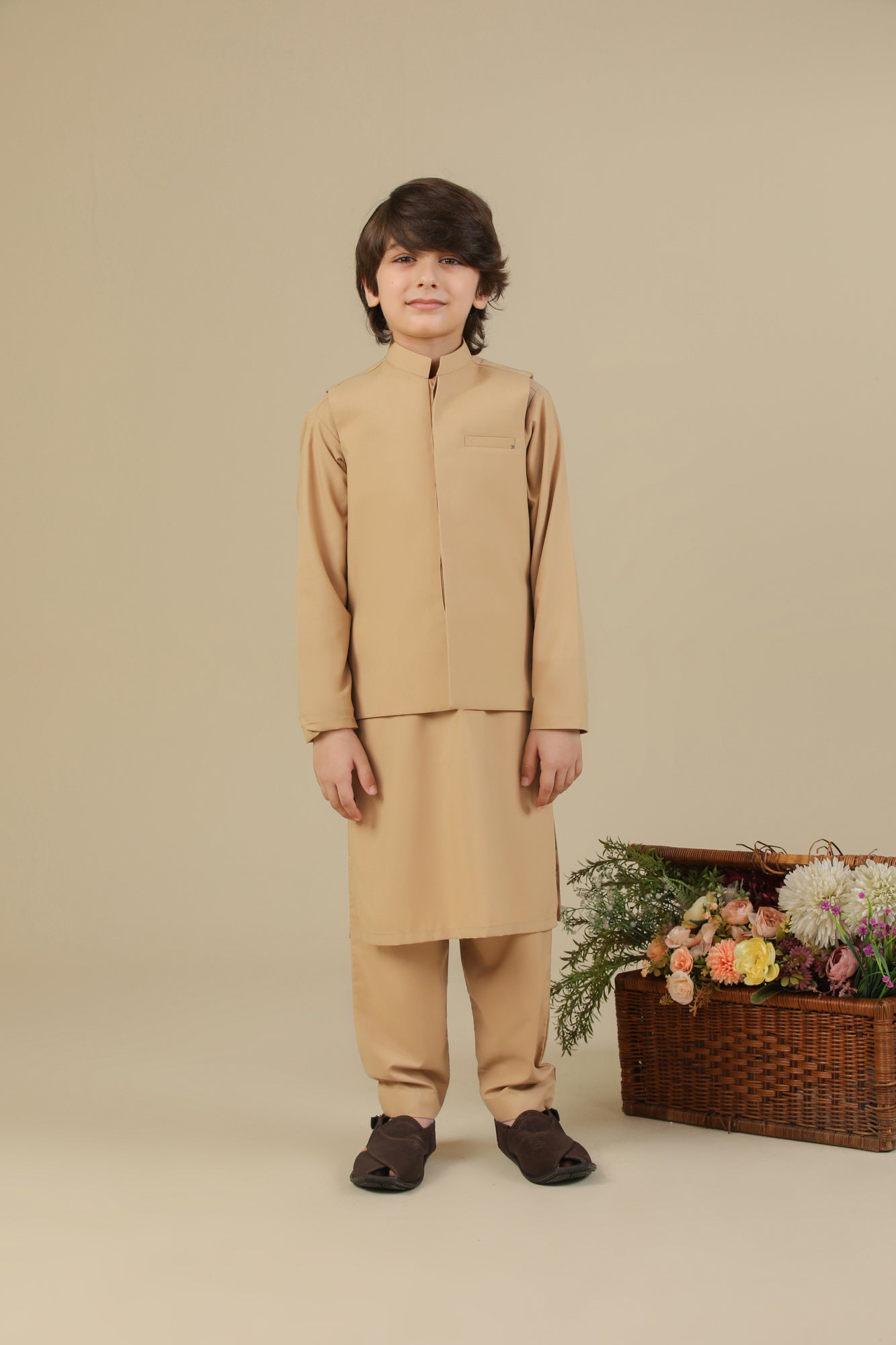 Camel Kurta Trouser with Blended Waistcoat - Kids