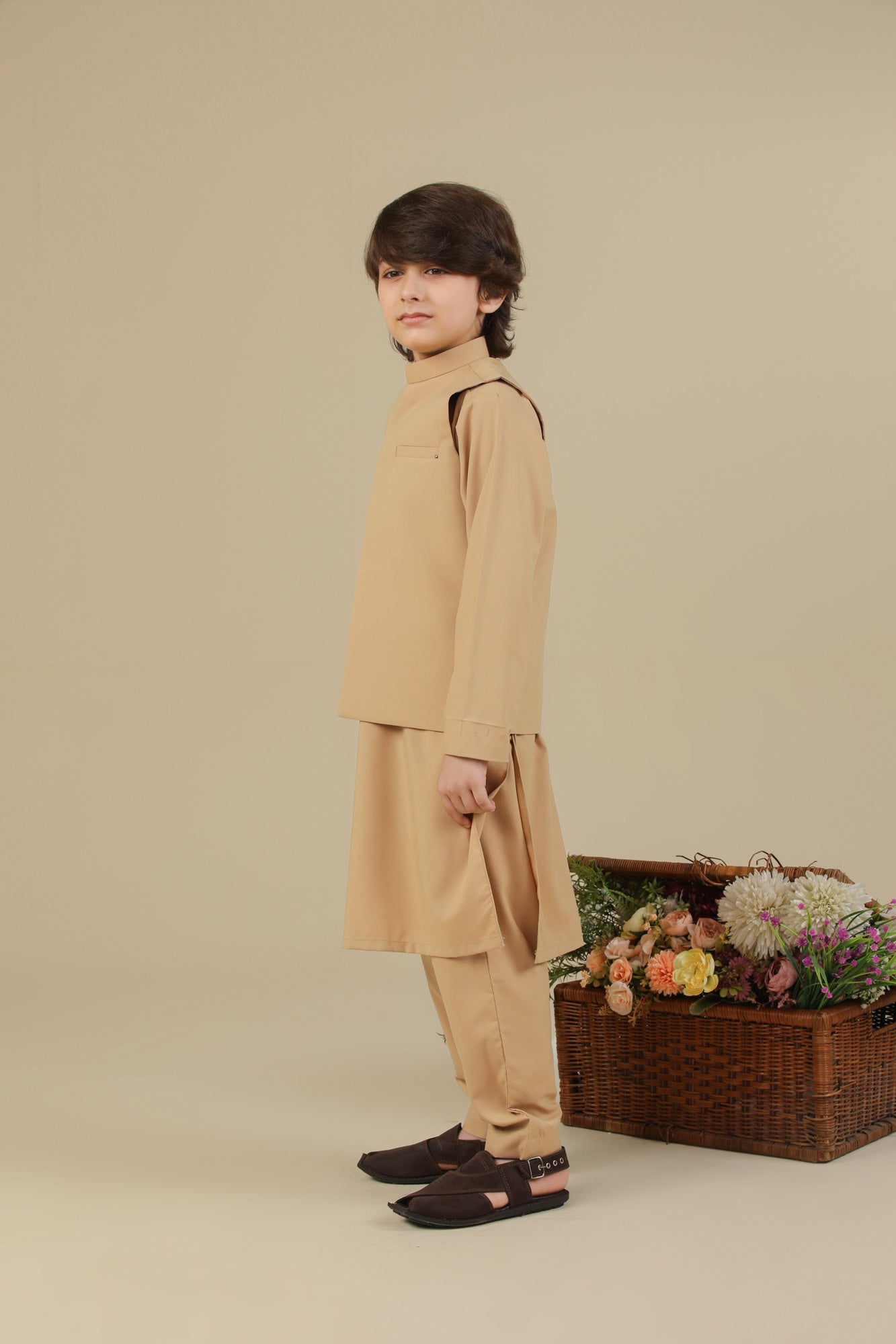 Camel Kurta Trouser with Blended Waistcoat - Kids