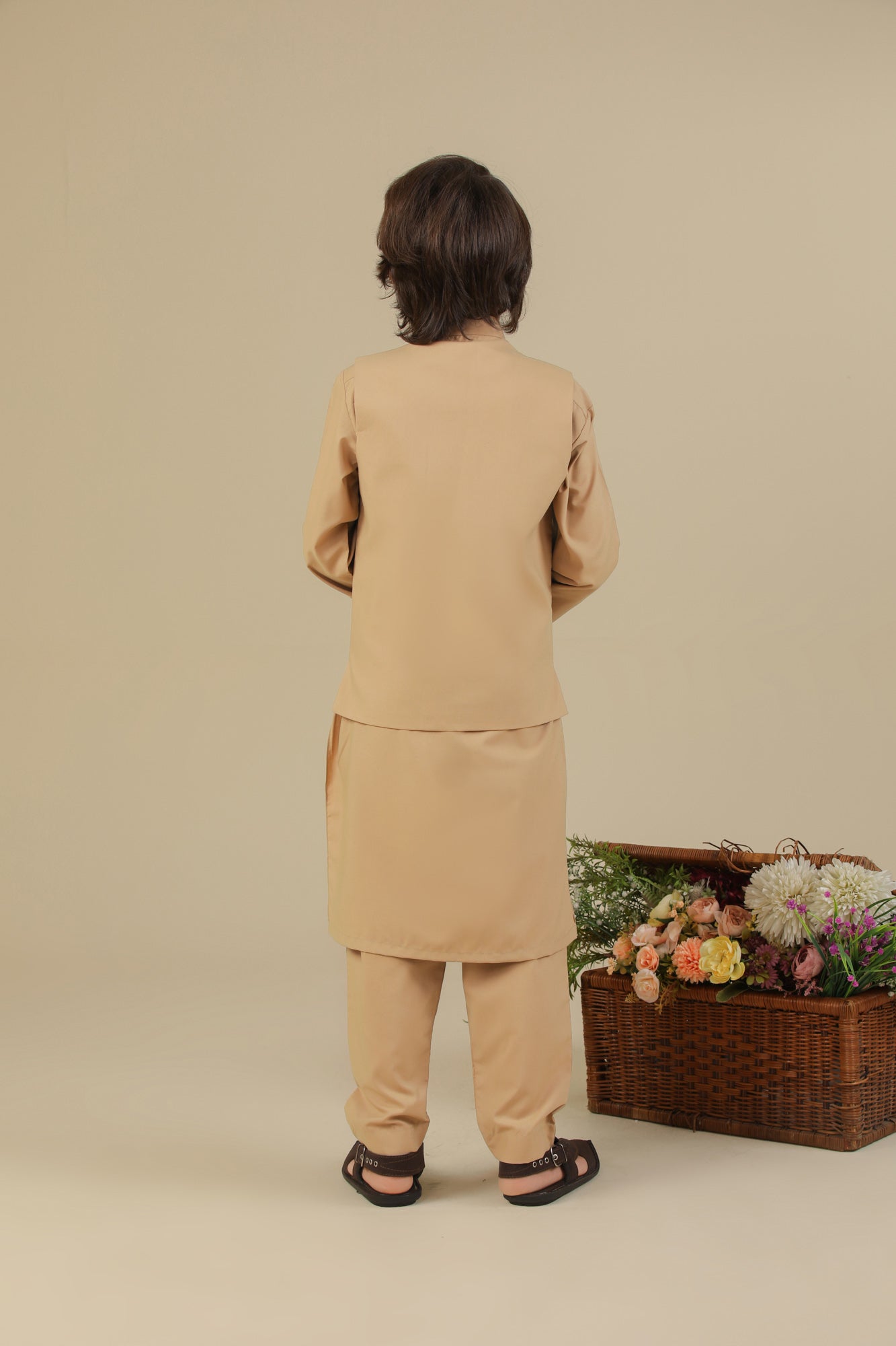 Camel Kurta Trouser with Blended Waistcoat - Kids
