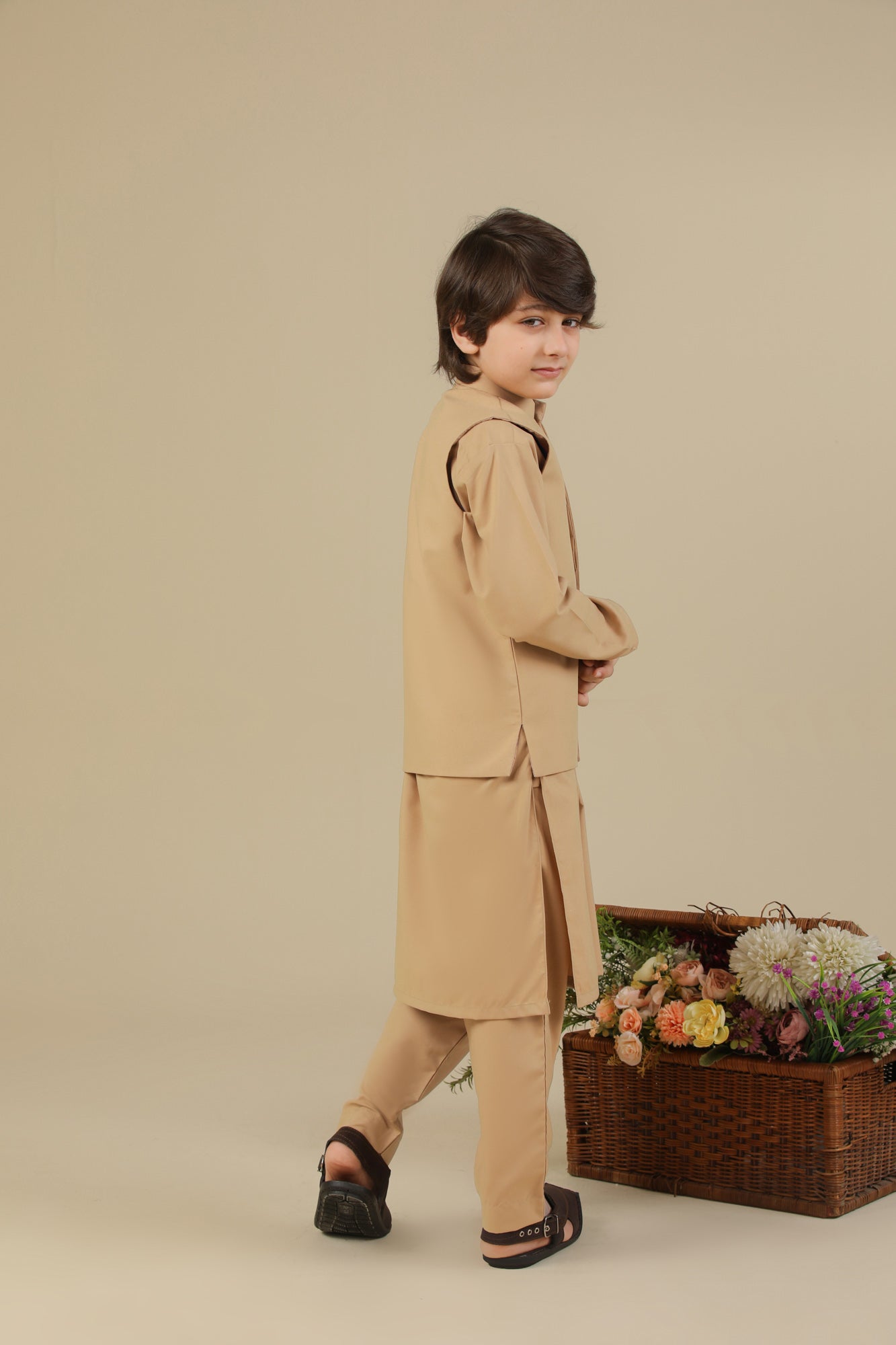 Camel Kurta Trouser with Blended Waistcoat - Kids