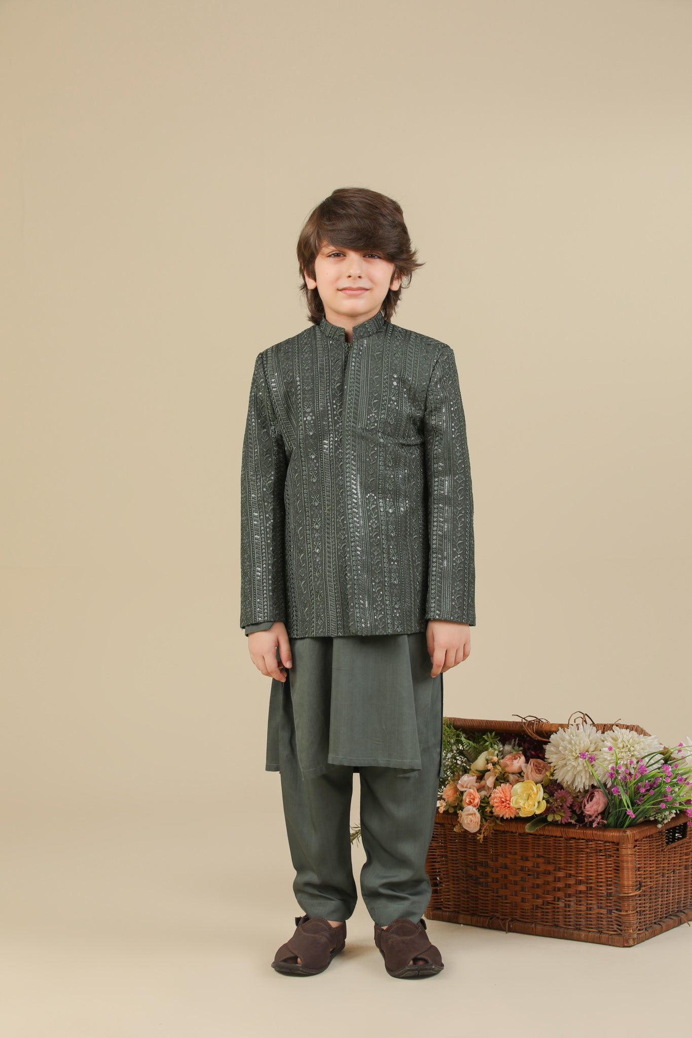 Olive Green Kurta Trouser with Falling Embroidered Prince Coat - 3PC - Kids