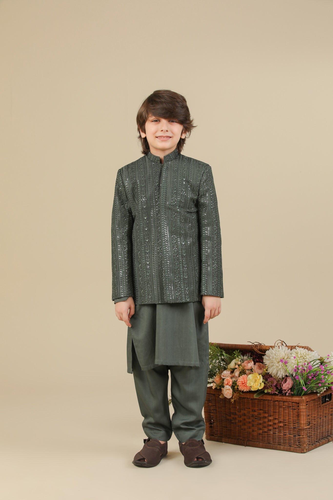 Olive Green Kurta Trouser with Falling Embroidered Prince Coat - 3PC - Kids