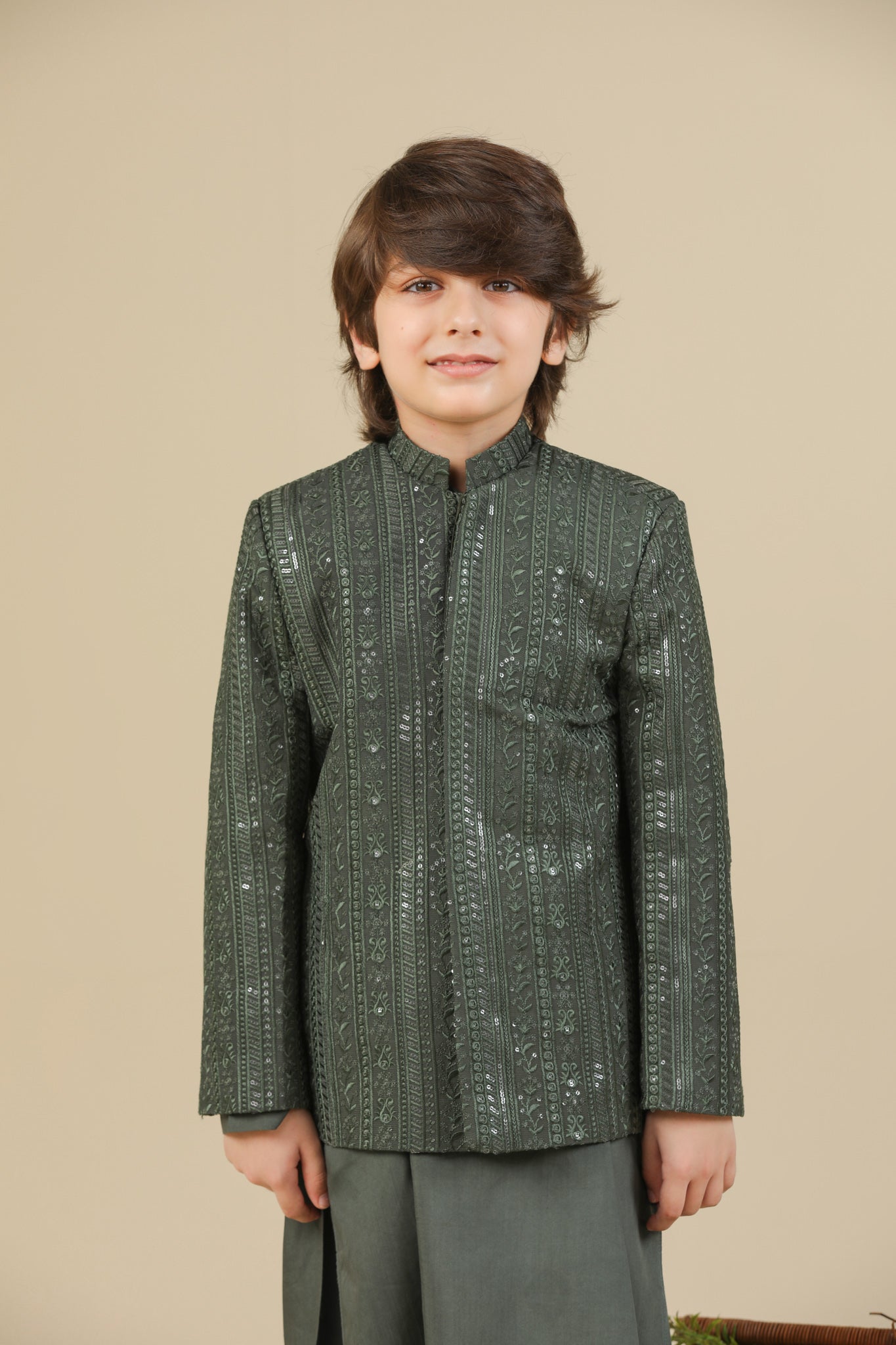 Olive Green Falling Embroidered Prince Coat - Kids