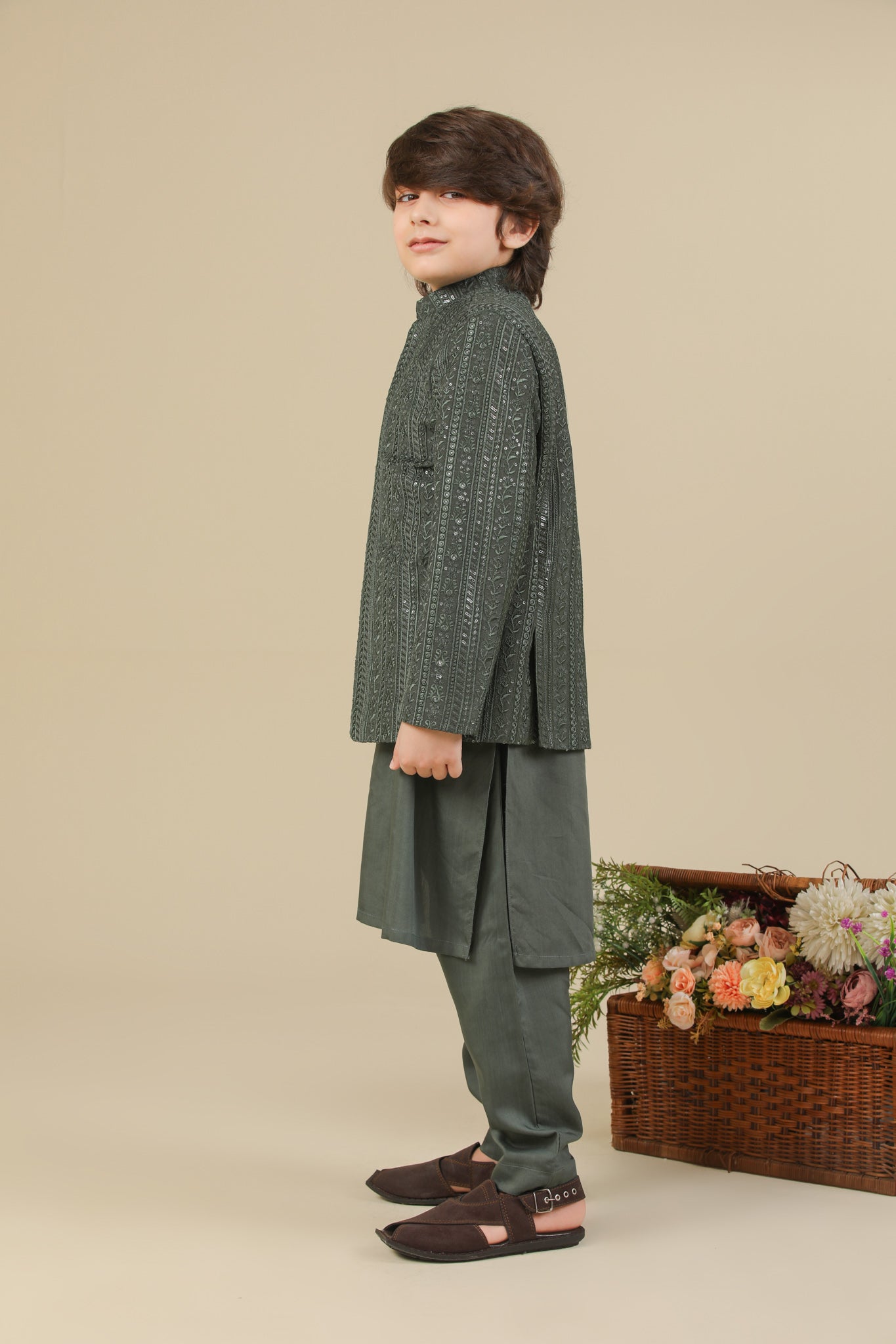 Olive Green Kurta Trouser with Falling Embroidered Prince Coat - 3PC - Kids