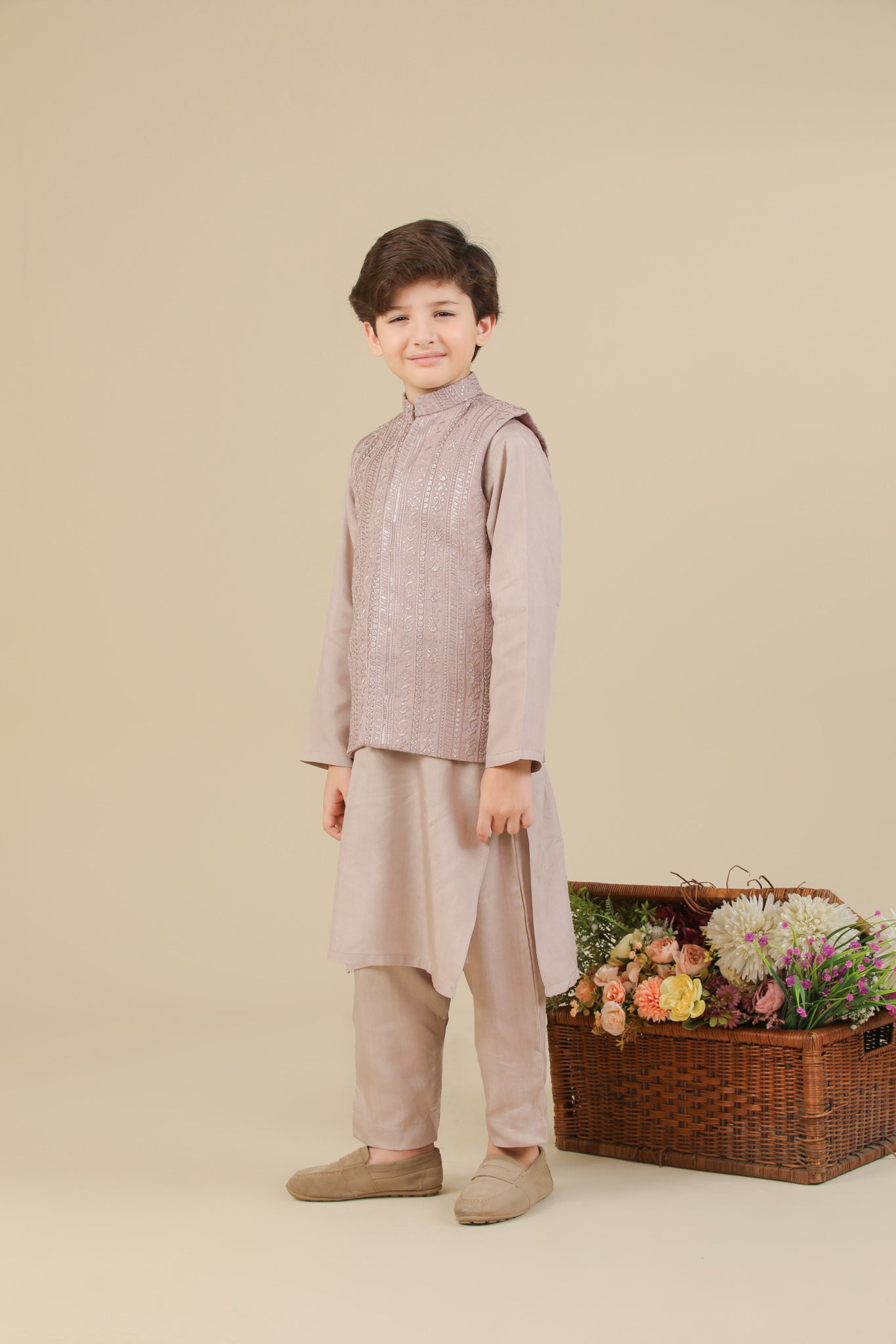 Pink Kurta Trouser with Falling Embroidered Waistcoat - 3PC - Kids