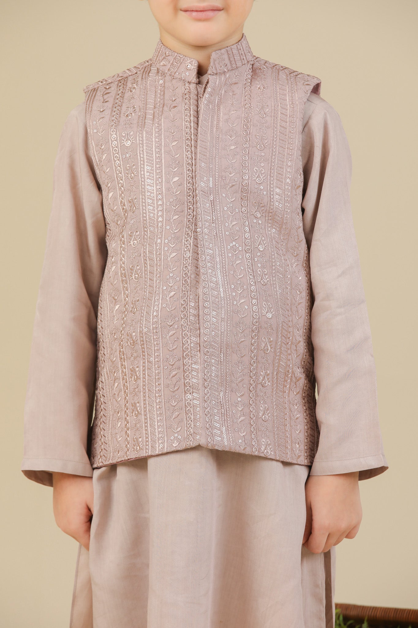 Pink Kurta Trouser with Falling Embroidered Waistcoat - 3PC - Kids