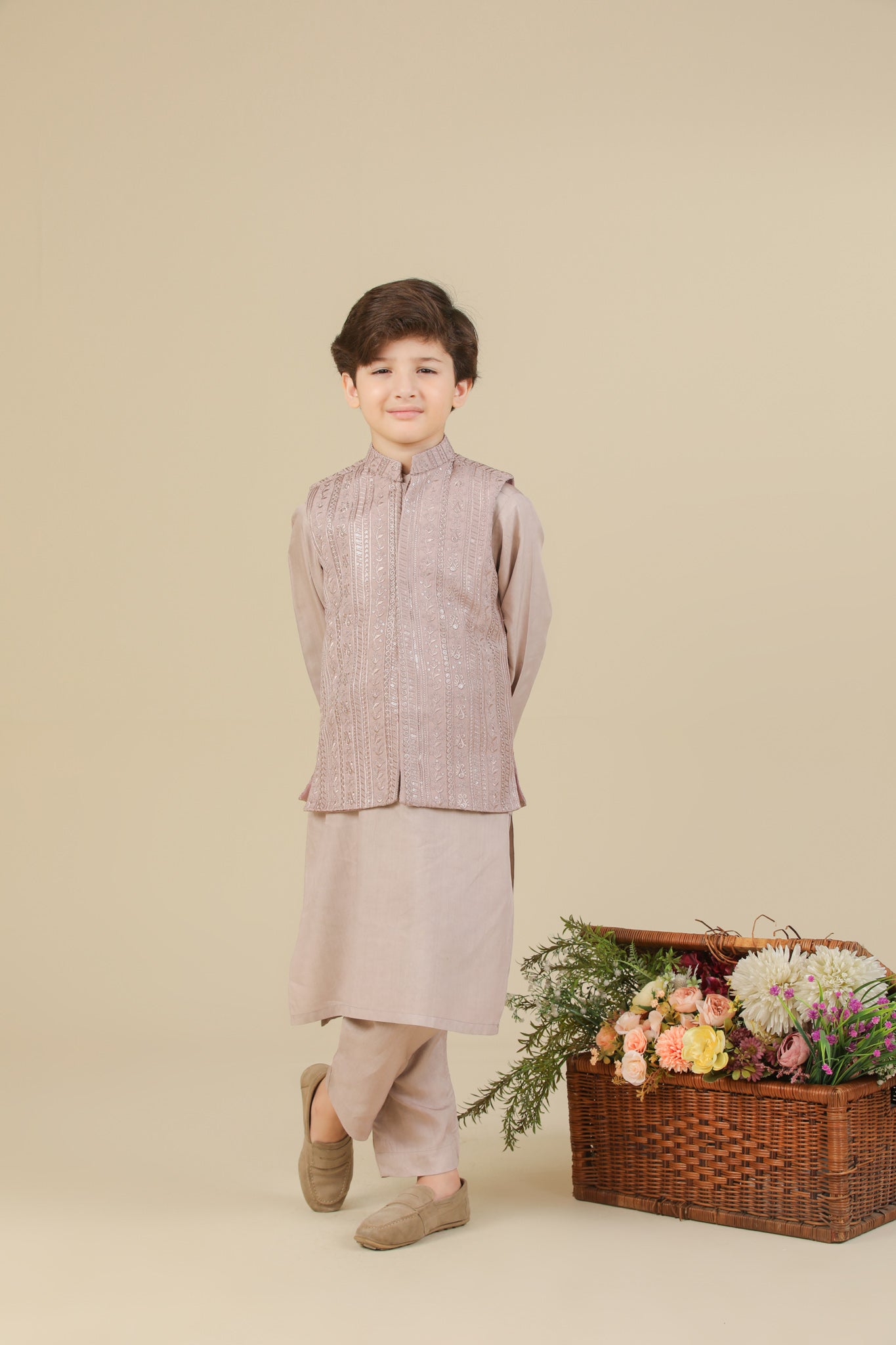 Pink Kurta Trouser with Falling Embroidered Waistcoat - 3PC - Kids