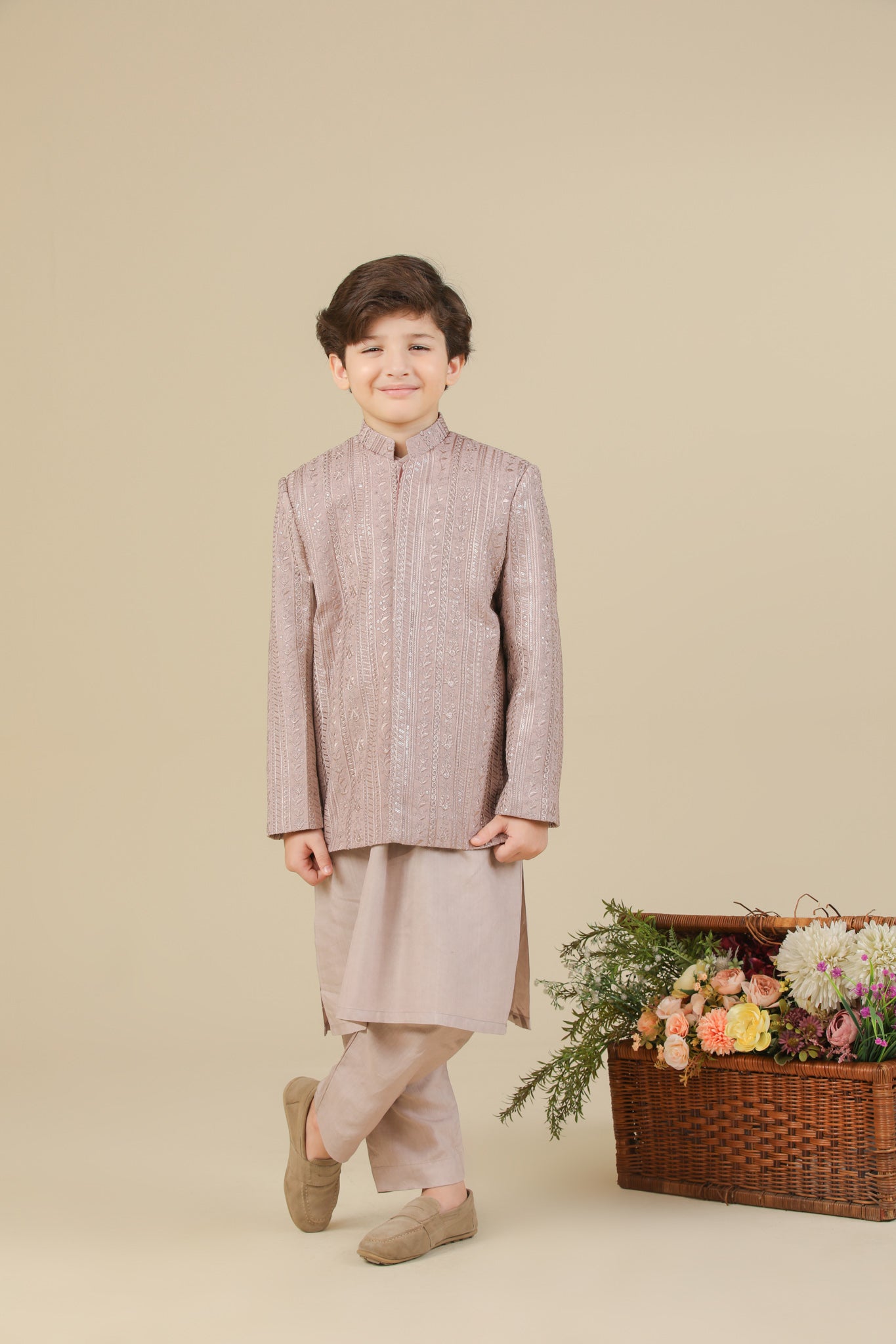 Pink Falling Embroidered Prince Coat - Kids