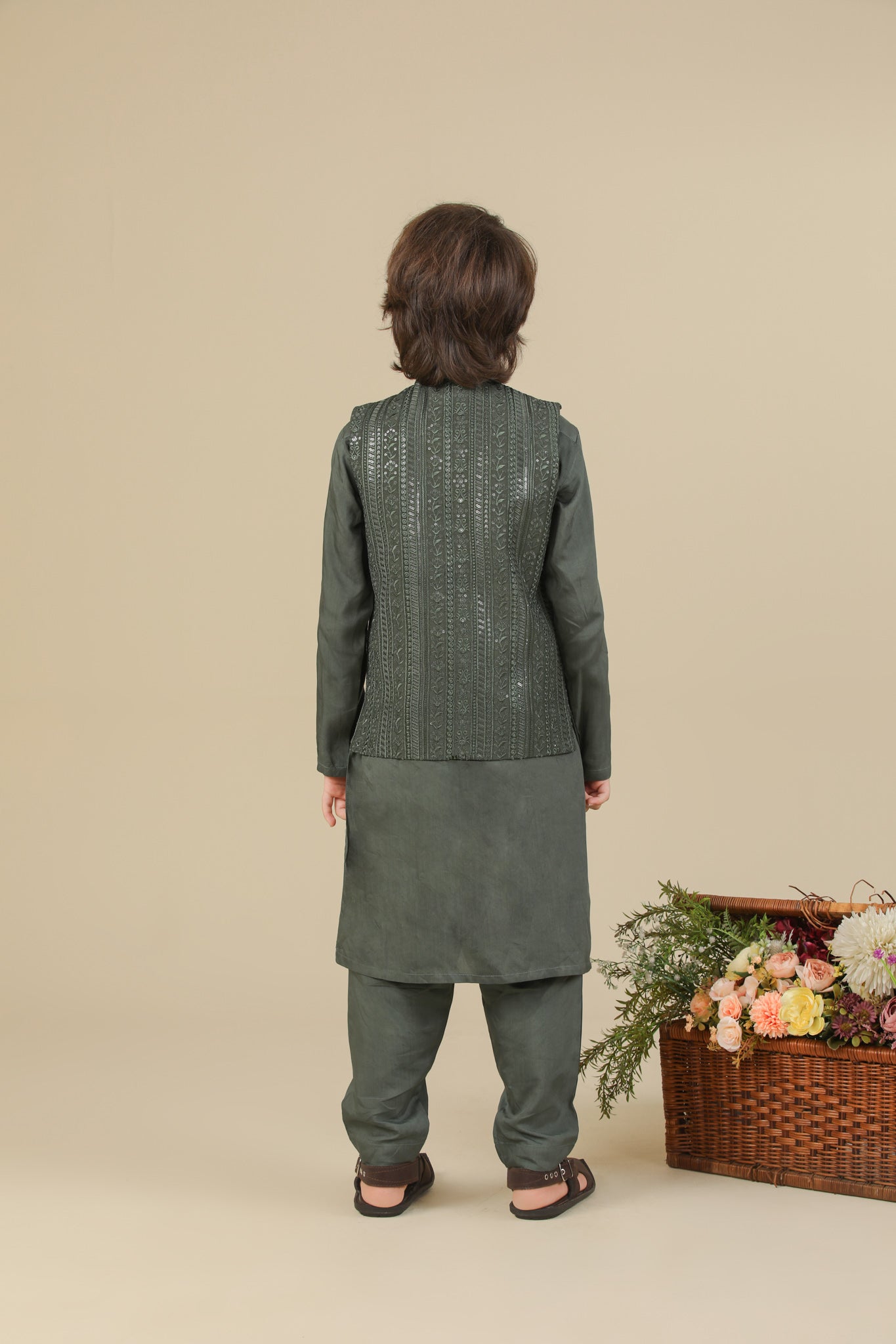 Olive Green Kurta Trouser with Falling Embroidered Waistcoat - 3PC - Kids