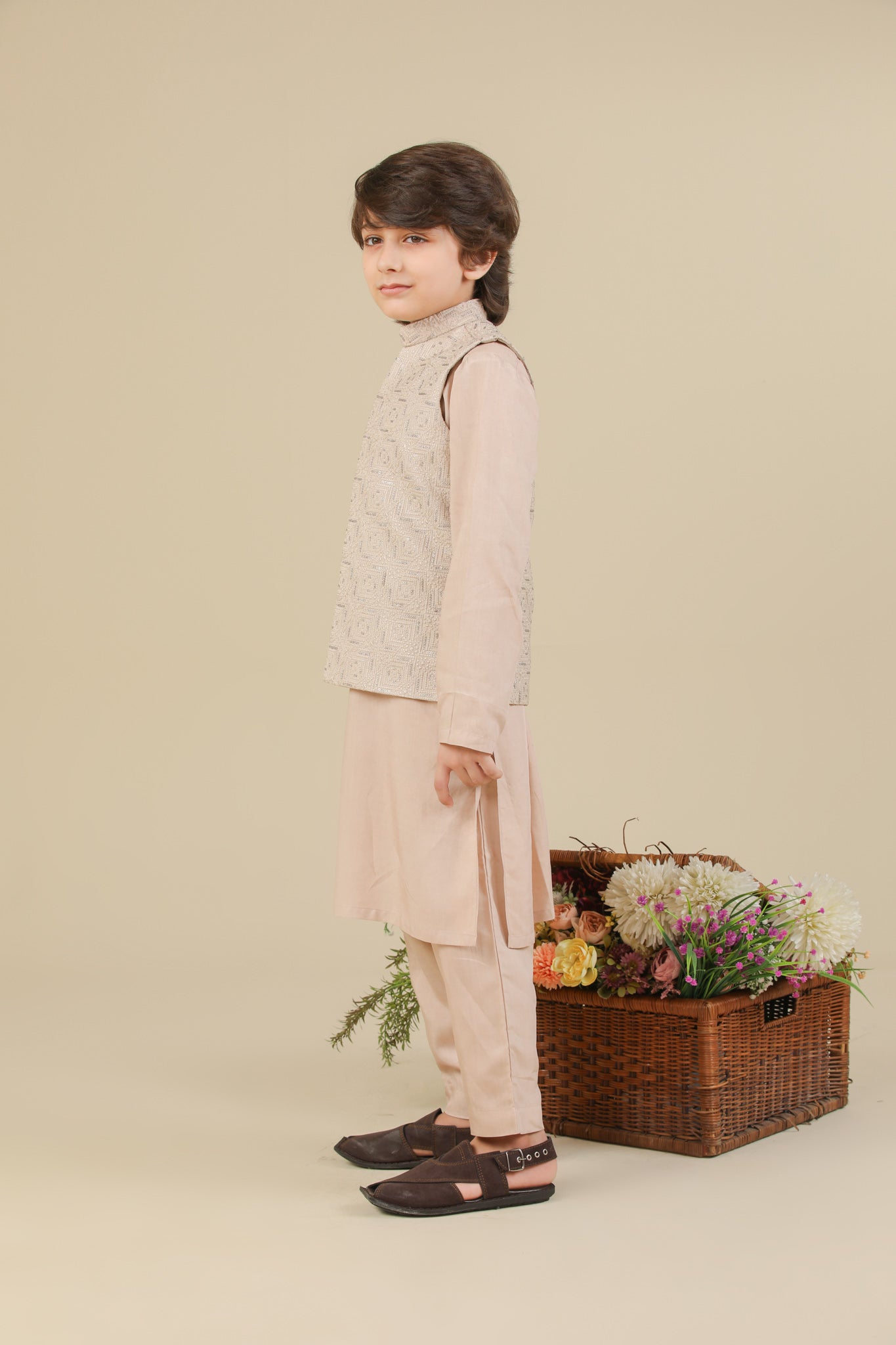 Coffee Beige Kurta Trouser with Square Embroidered Waistcoat - 3PC - Kids