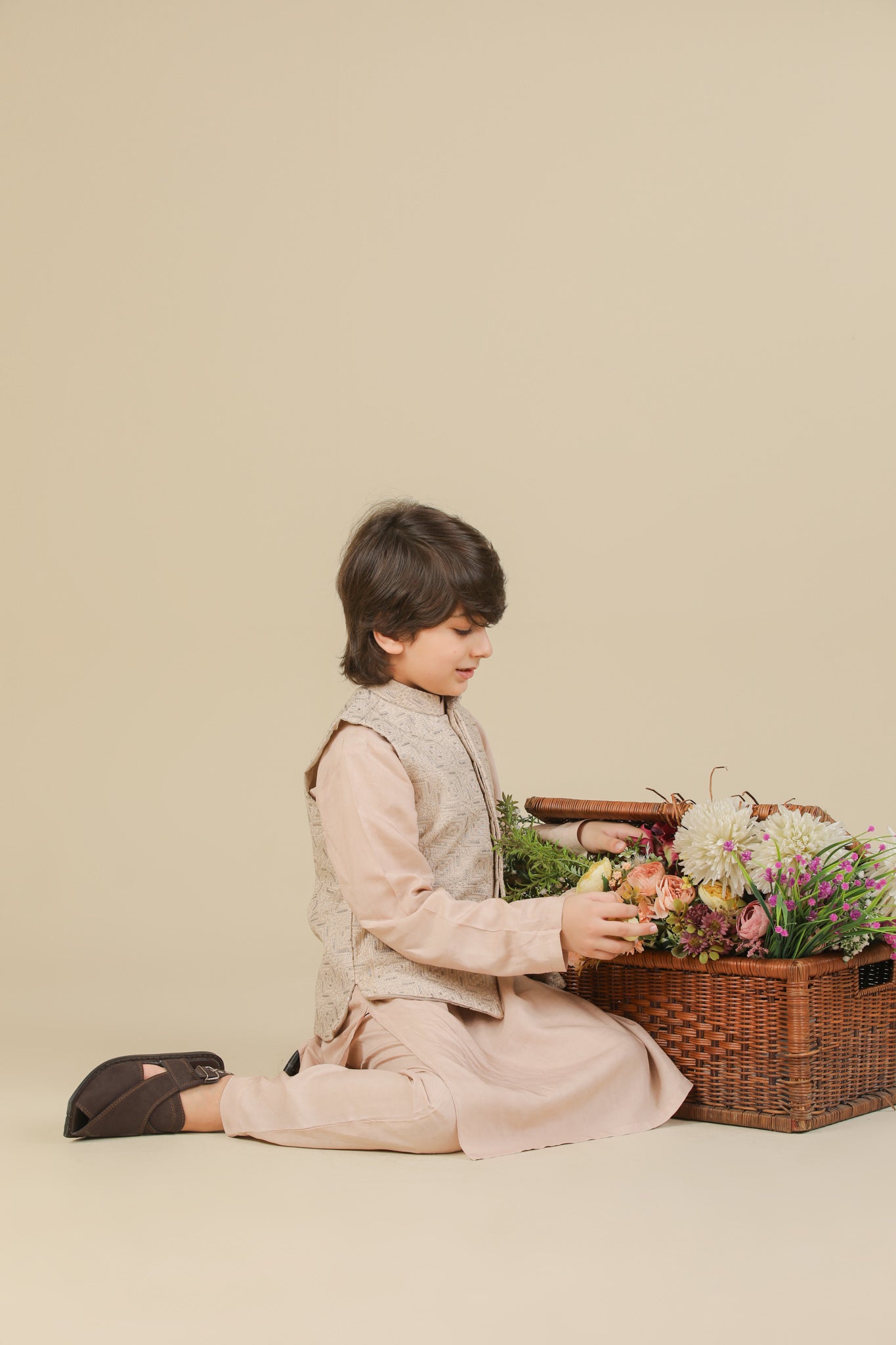 Coffee Beige Kurta Trouser with Square Embroidered Waistcoat - 3PC - Kids