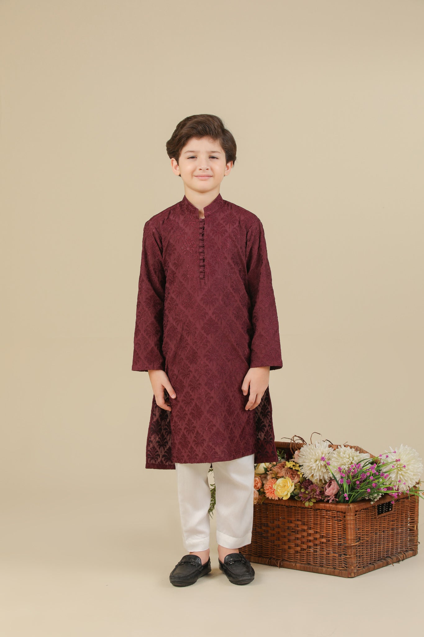 Miras - Maroon Raw Silk Embroidered Kurta Trouser - Kids
