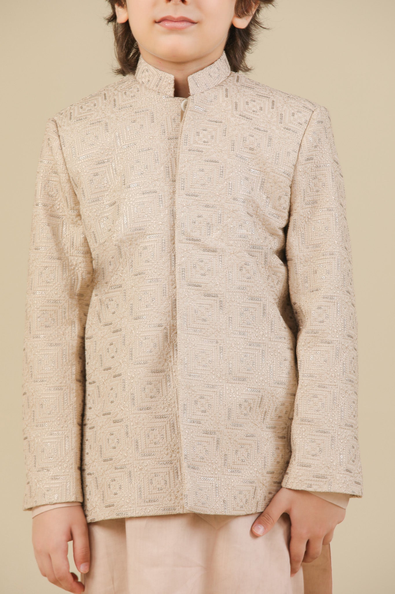 Coffee Beige Kurta Trouser with Square Embroidered Prince Coat - 3PC - Kids