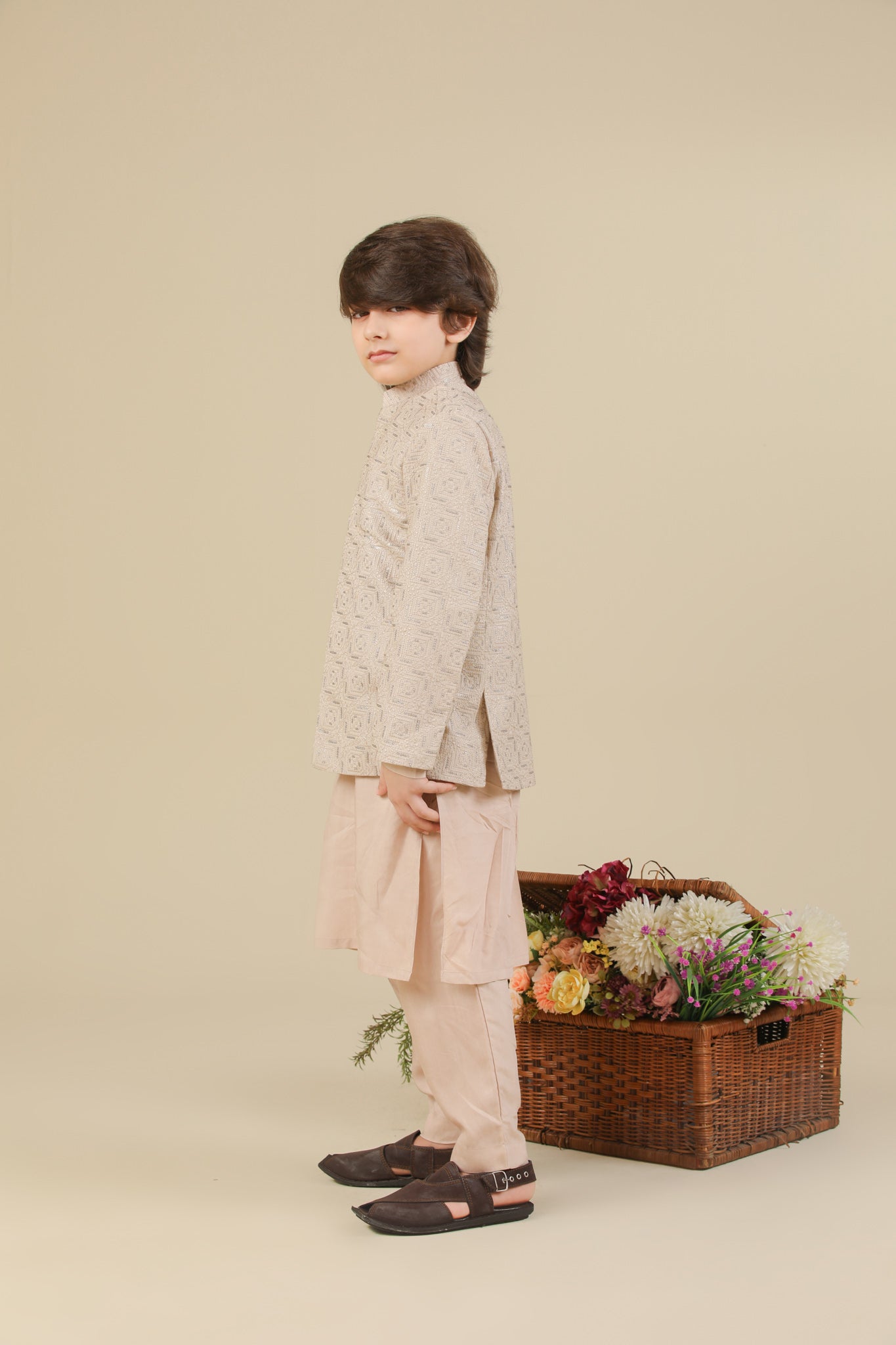 Coffee Beige Kurta Trouser with Square Embroidered Prince Coat - 3PC - Kids