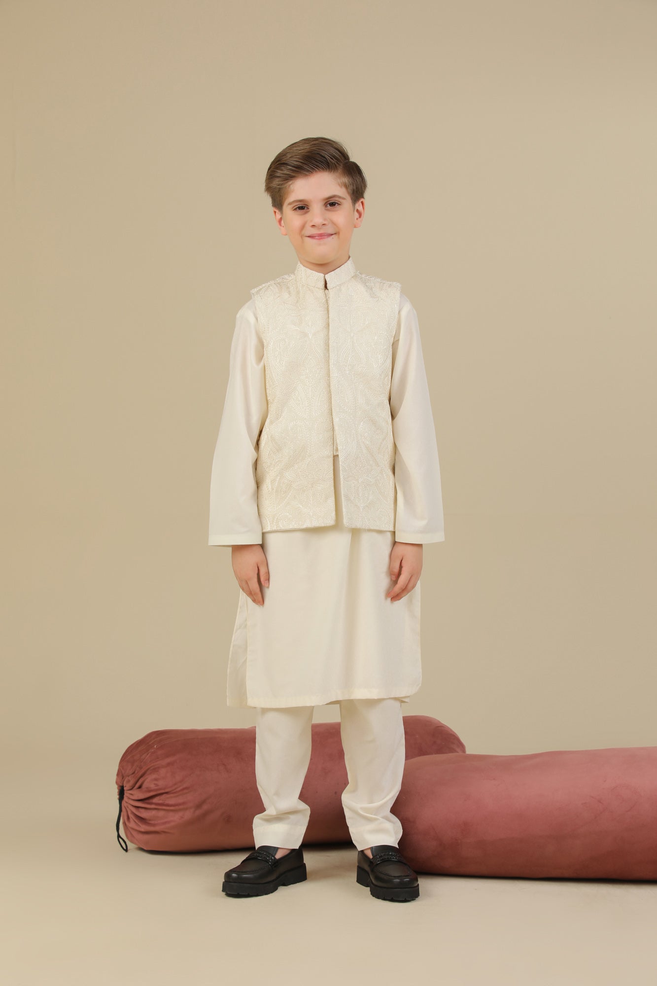 Bosky White Kurta Trouser with Cross Stitched Embroidered Waistcoat - 3PC - Kids