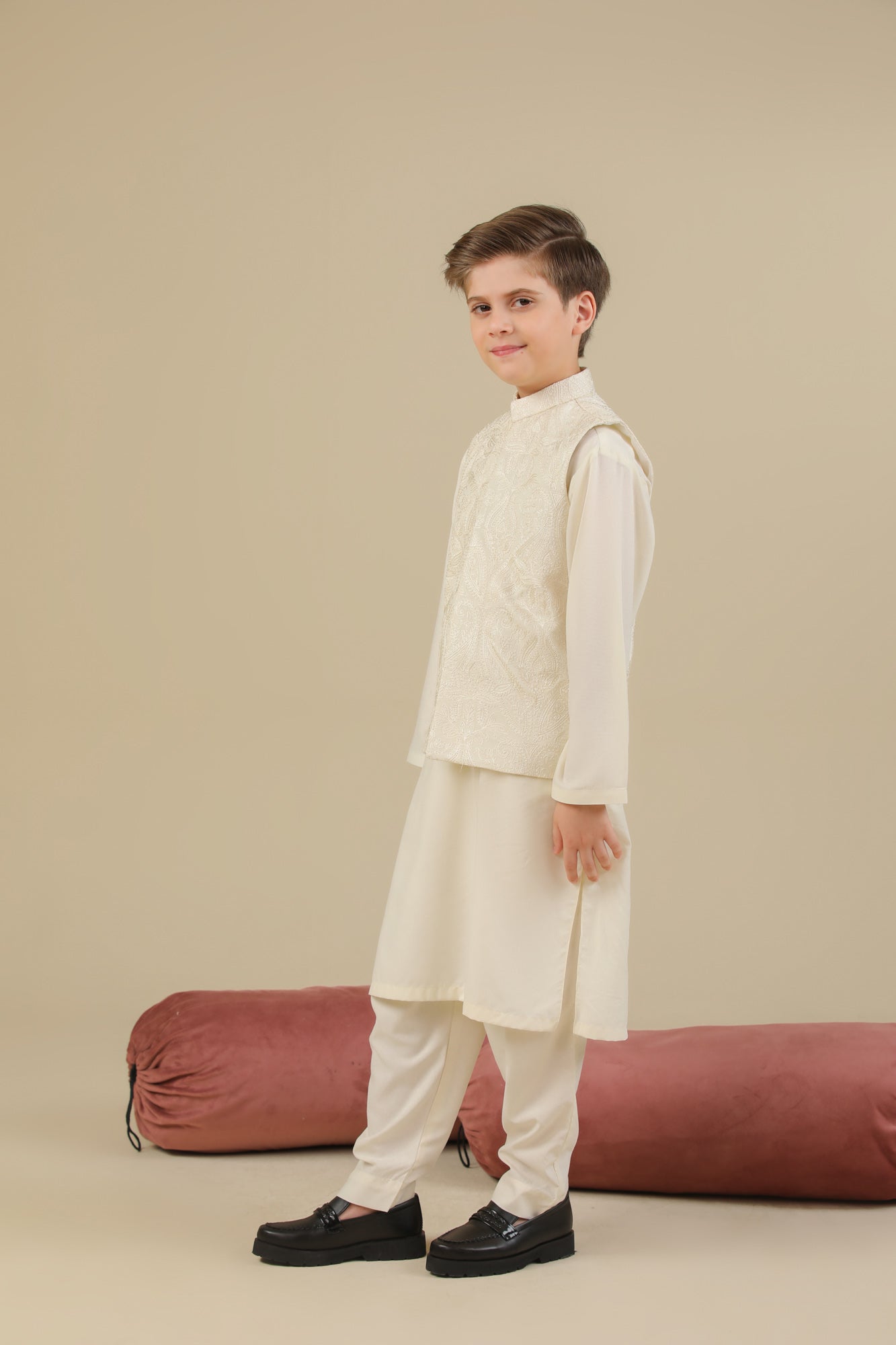 Bosky White Kurta Trouser with Cross Stitched Embroidered Waistcoat - 3PC - Kids