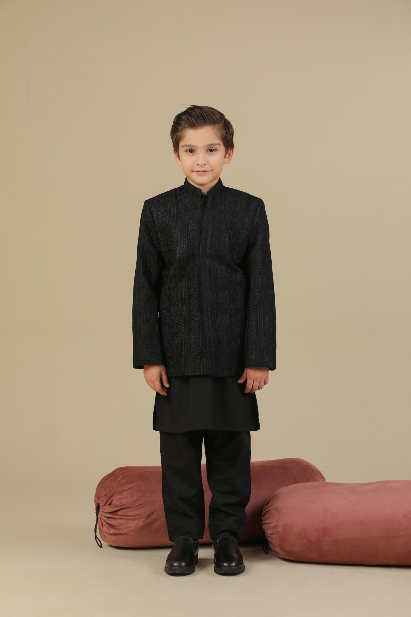 Black Cross Stitched Embroidered Prince Coat - Kids