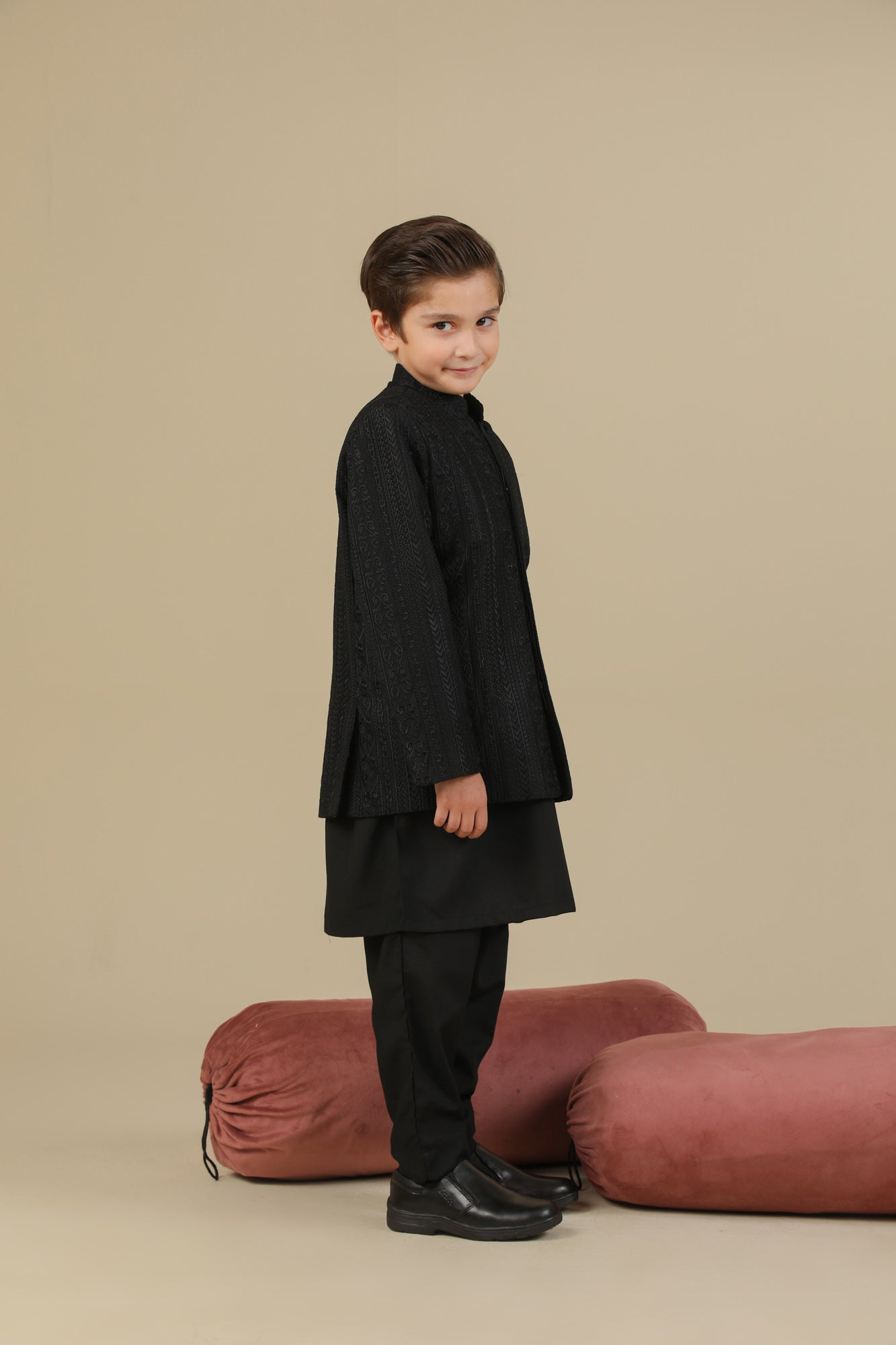Black Kurta Trouser with Cross Stitched Embroidered Prince Coat - 3PC - Kids