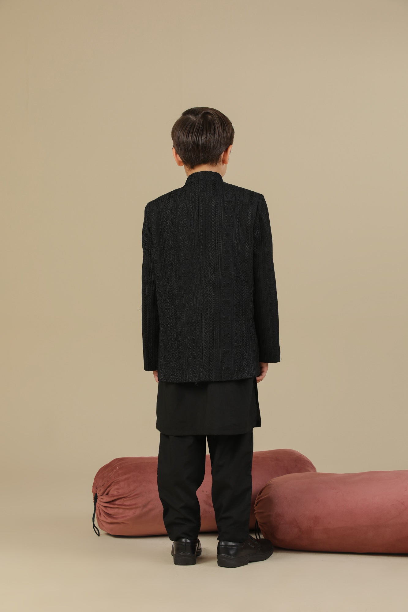 Black Cross Stitched Embroidered Prince Coat - Kids