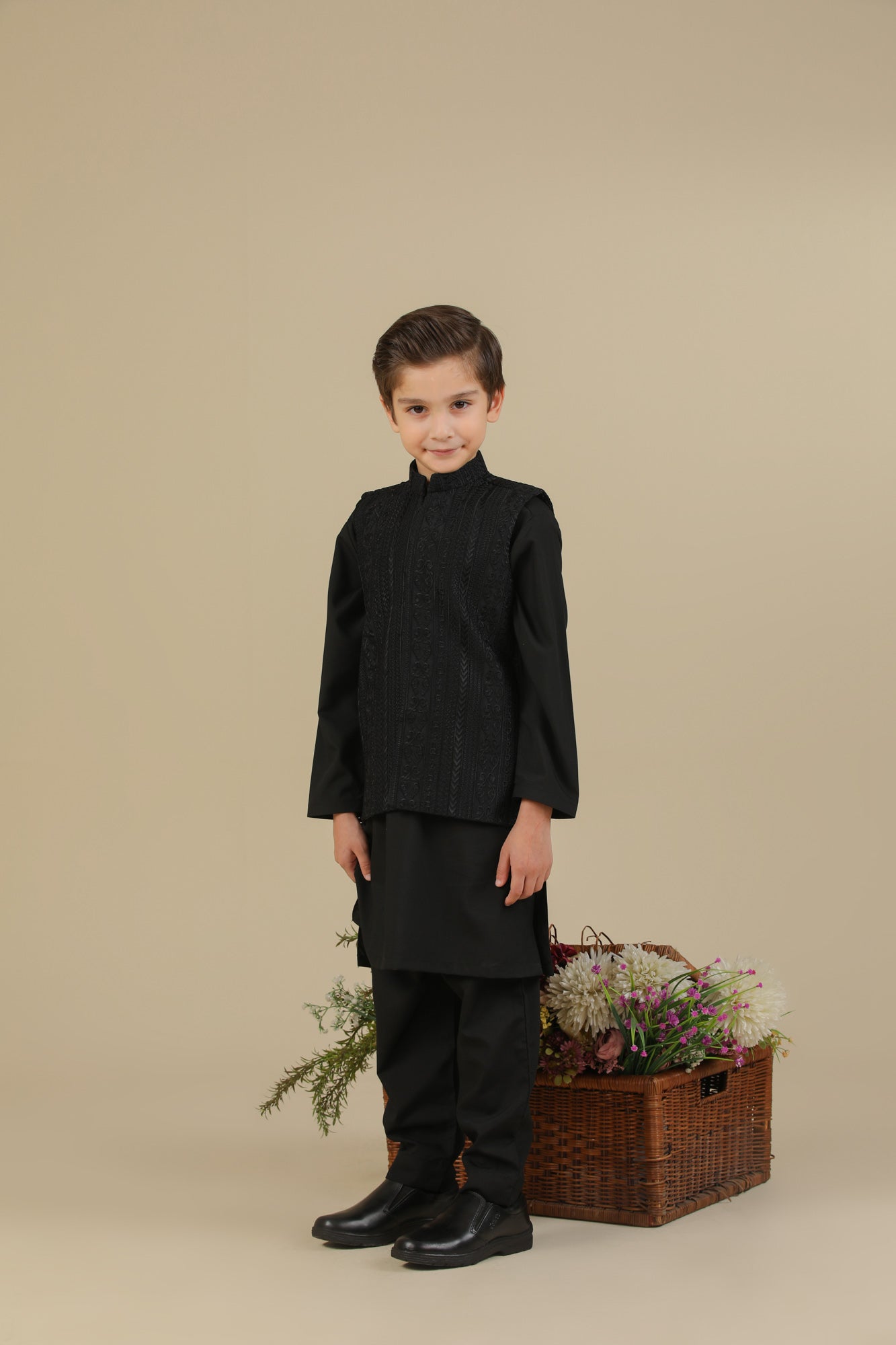 Black Cross Stitched Embroidered Waistcoat - Kids