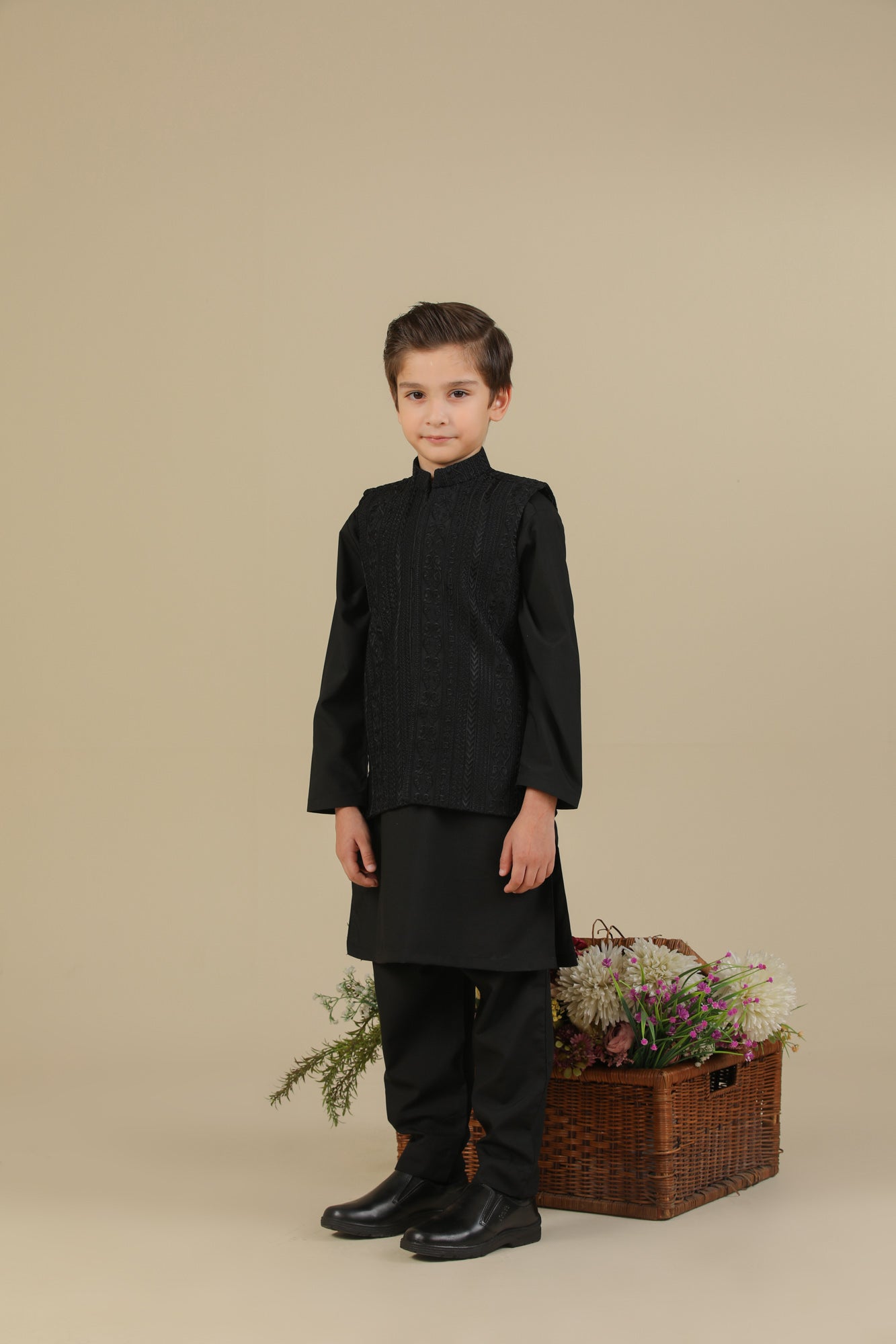 Black Kurta Trouser with Cross Stitched Embroidered Waistcoat - 3PC - Kids