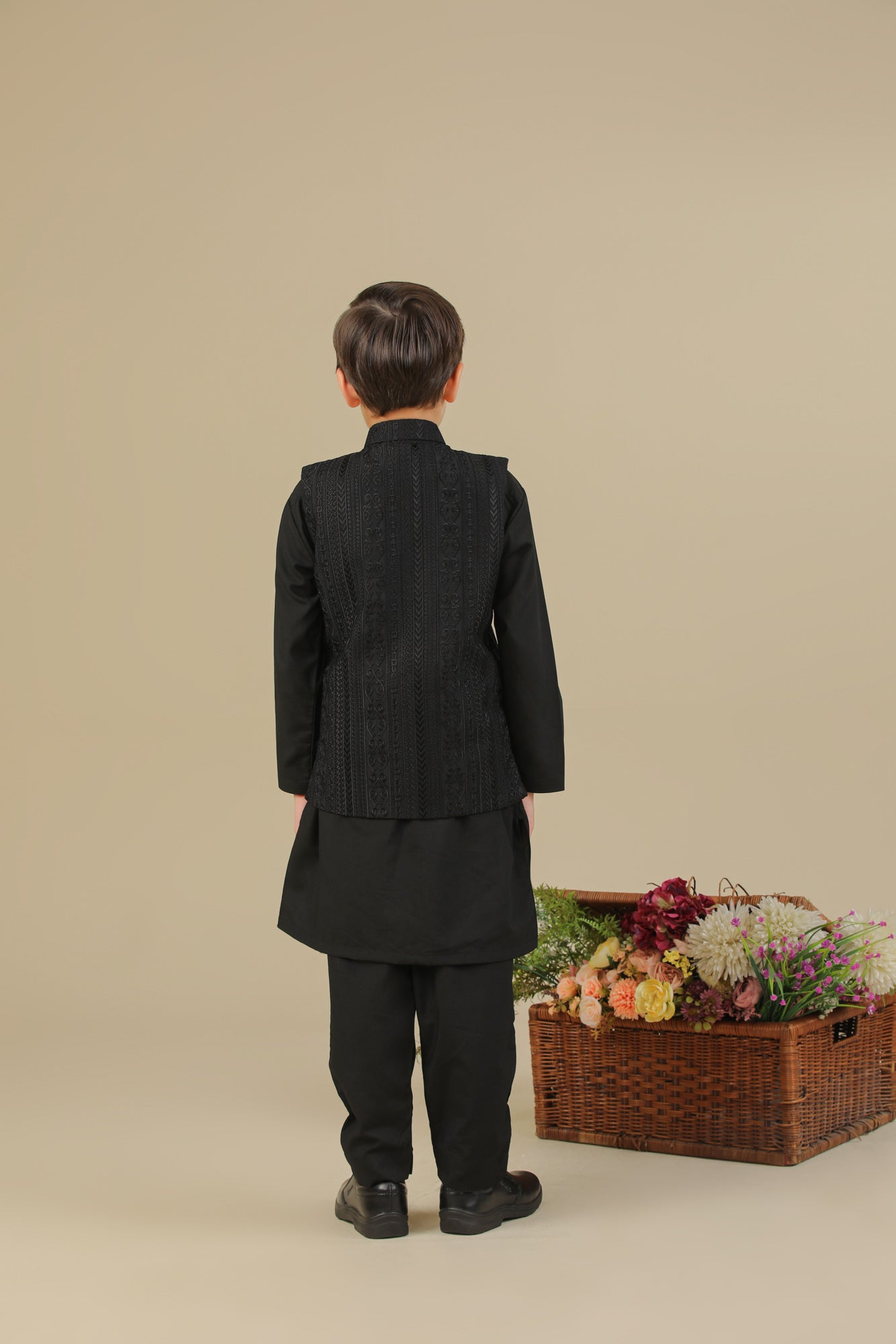 Black Cross Stitched Embroidered Waistcoat - Kids