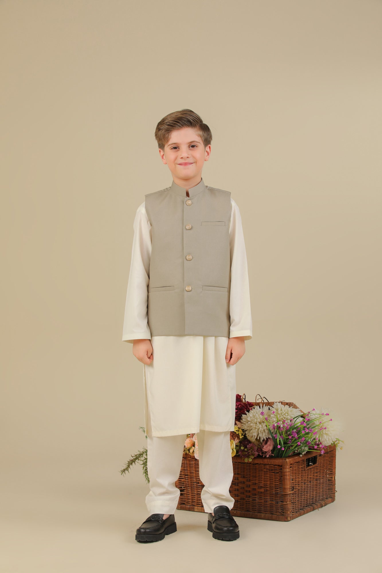Bosky White Kurta Trouser with Beige Suiting Waistcoat - Straight Cut - Kids