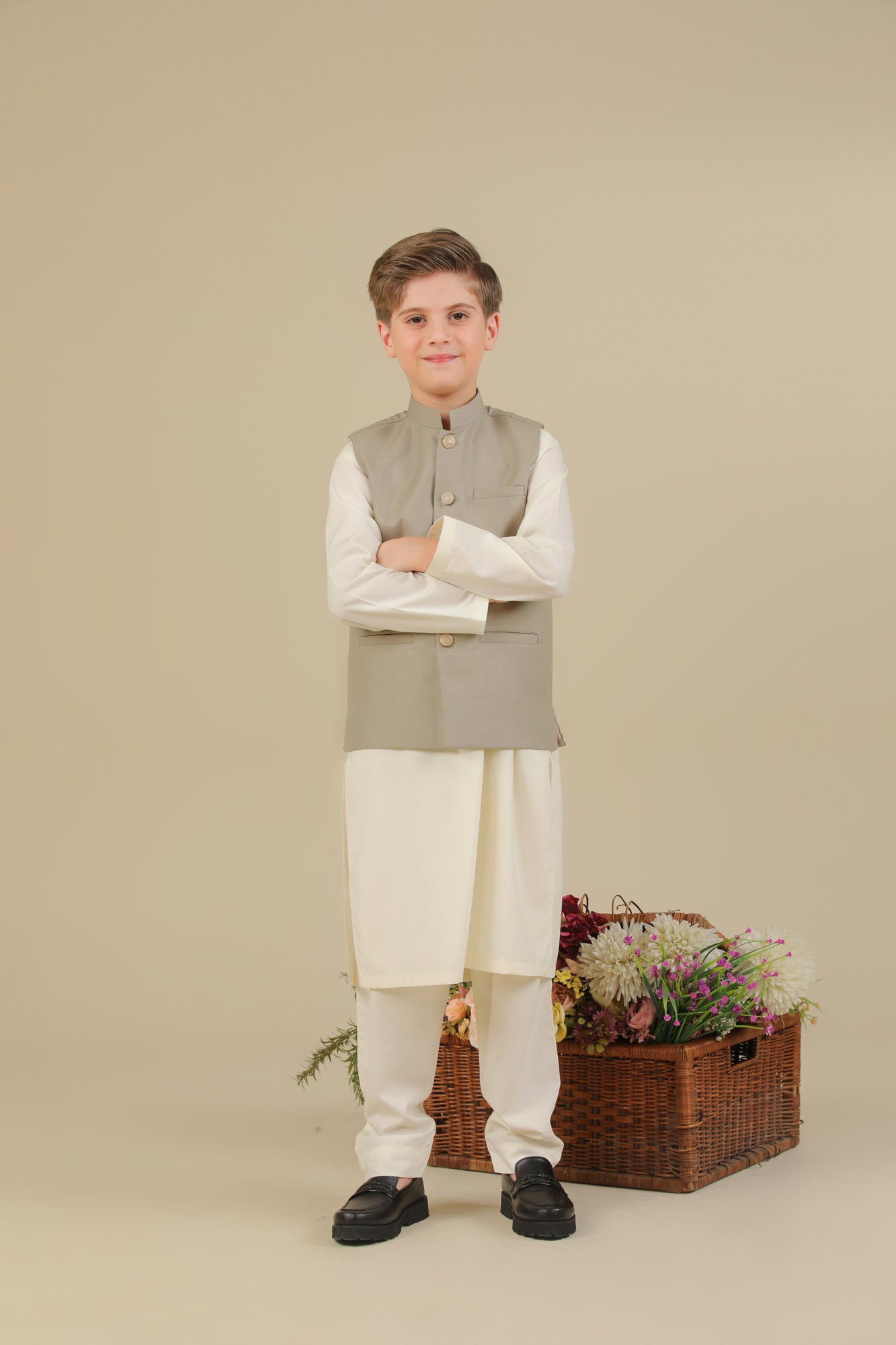 Bosky White Kurta Trouser with Beige Suiting Waistcoat - Straight Cut - Kids