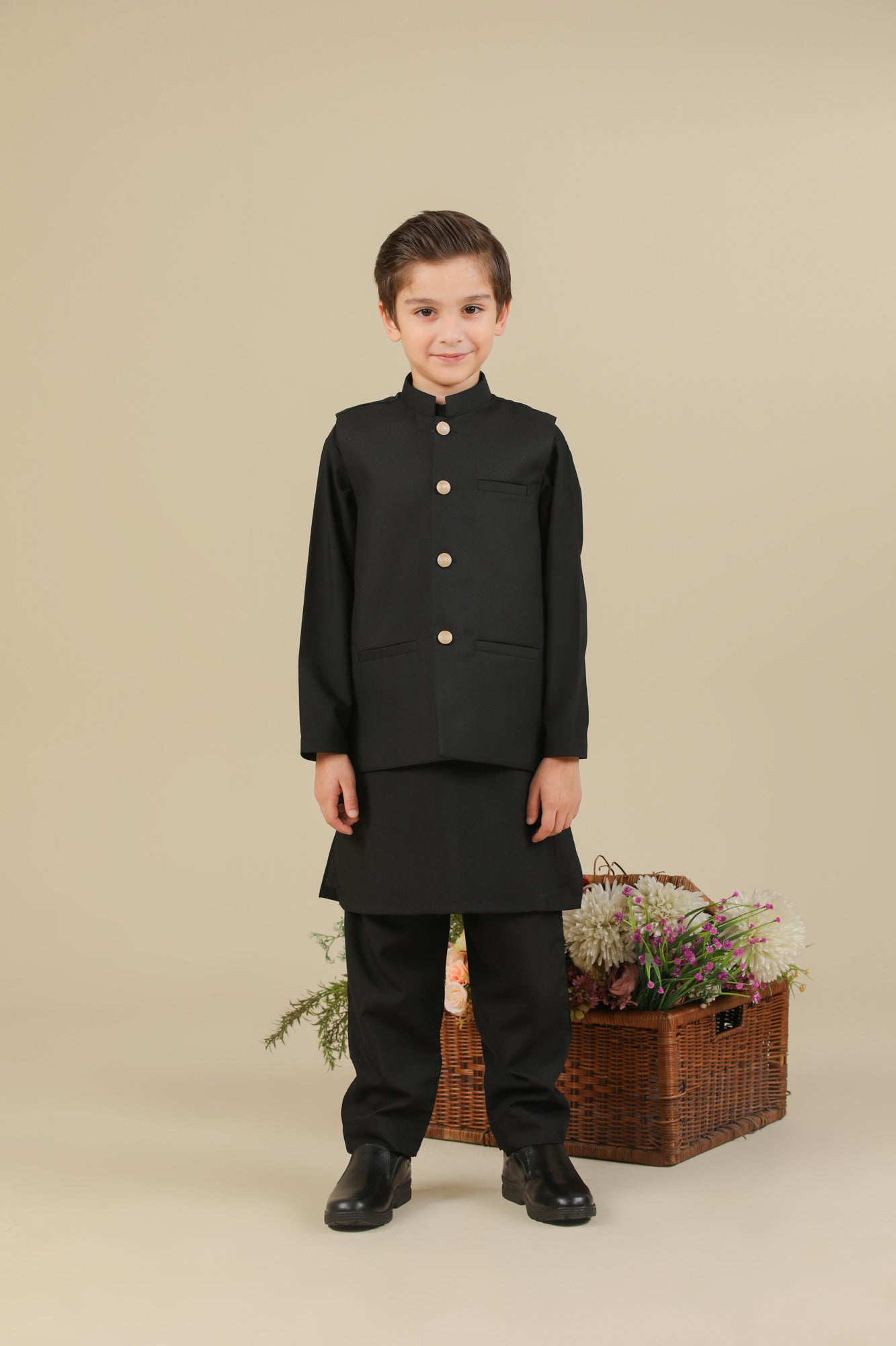 Black Kurta Trouser with Suiting Waistcoat - Straight Cut - Kids