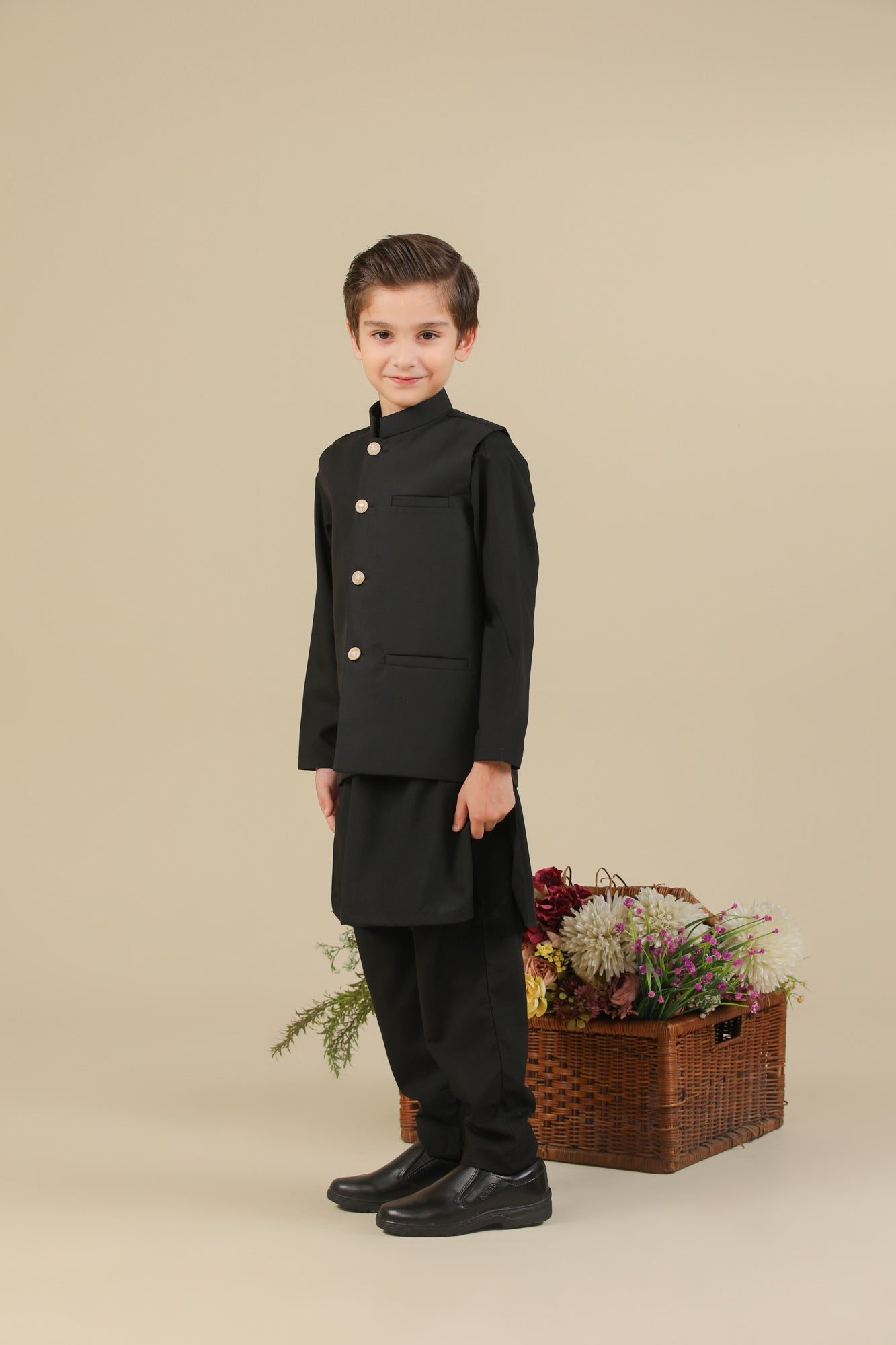 Black Kurta Trouser with Suiting Waistcoat - Straight Cut - Kids