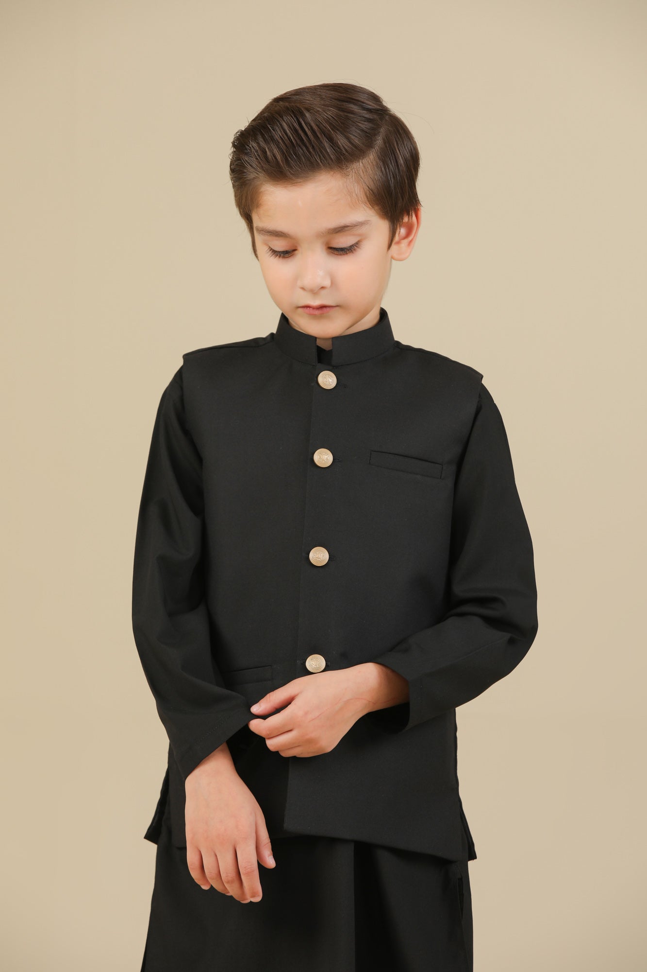 Black Kurta Trouser with Suiting Waistcoat - Straight Cut - Kids