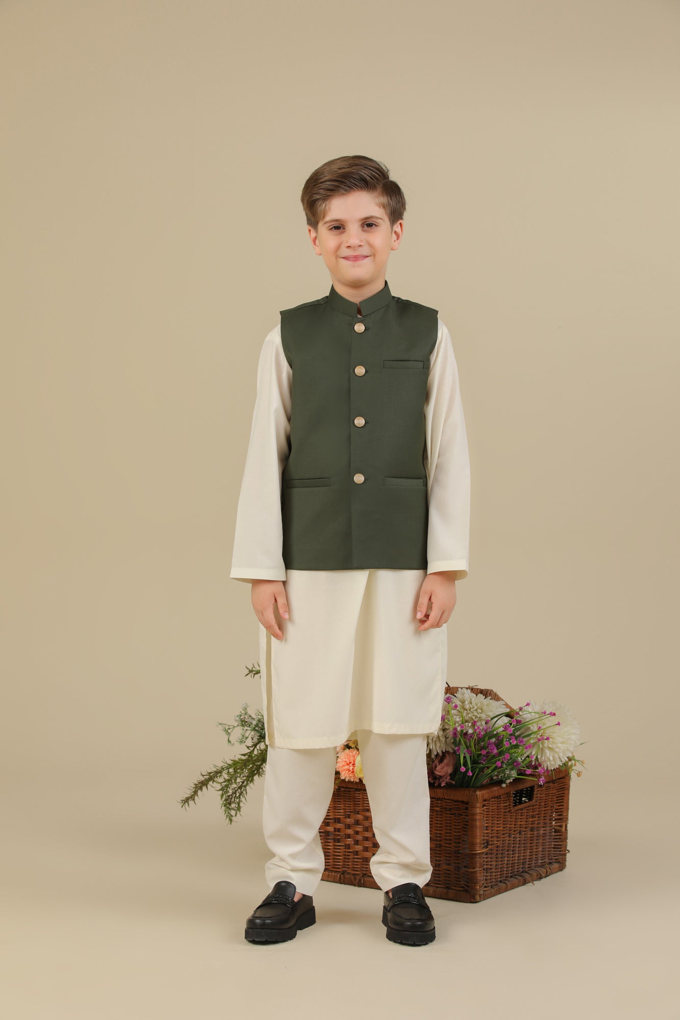 Bosky White Kurta Trouser with Army Green Suiting Waistcoat - Straight Cut - Kids