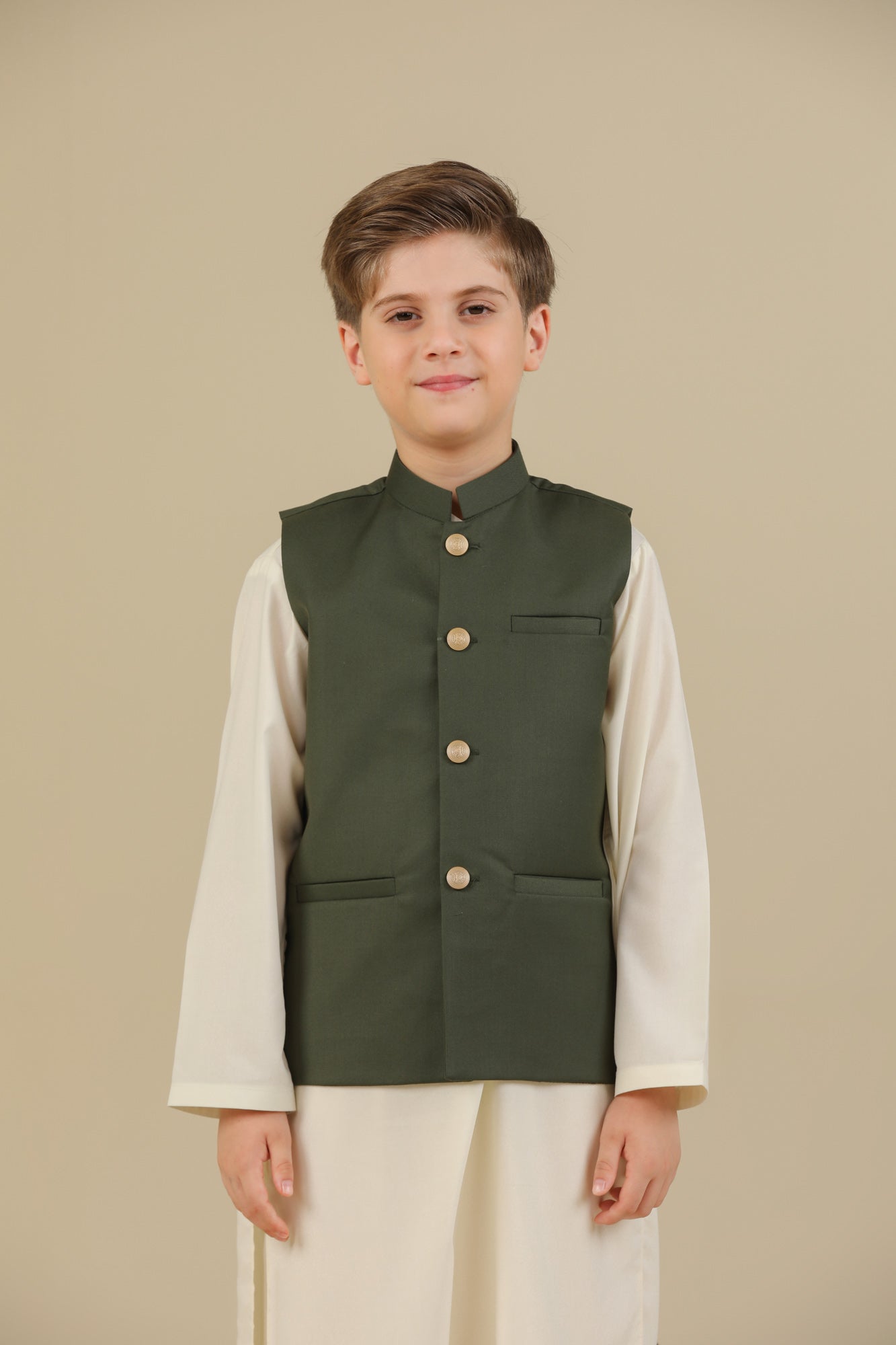 Bosky White Kurta Trouser with Army Green Suiting Waistcoat - Straight Cut - Kids