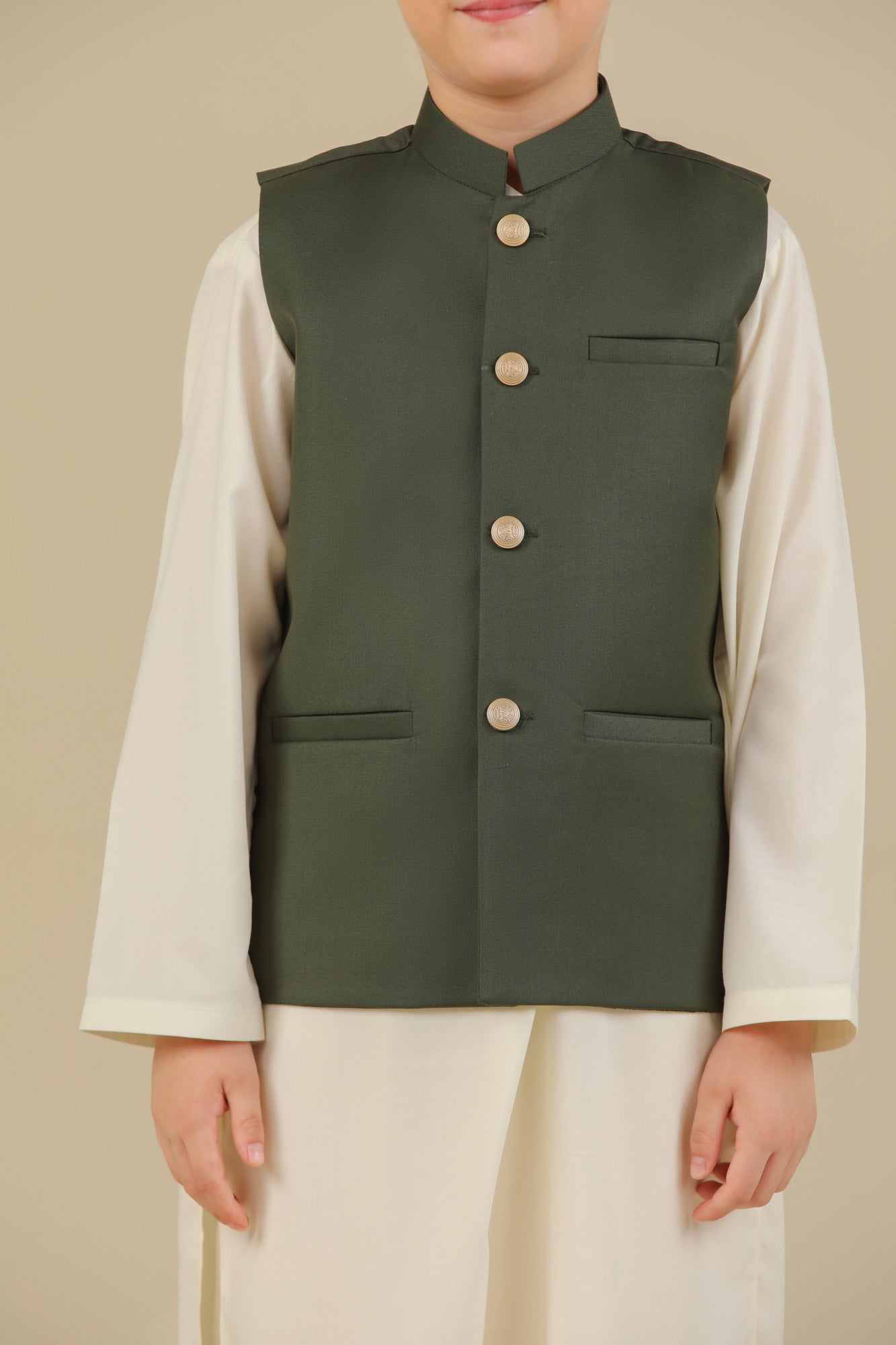 Bosky White Kurta Trouser with Army Green Suiting Waistcoat - Straight Cut - Kids