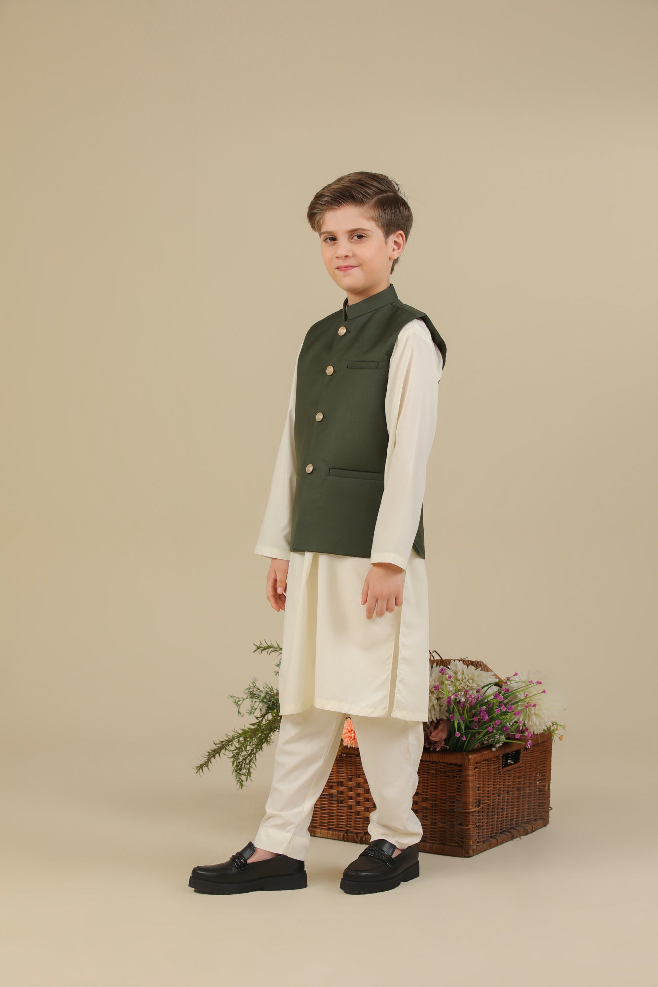 Bosky White Kurta Trouser with Army Green Suiting Waistcoat - Straight Cut - Kids