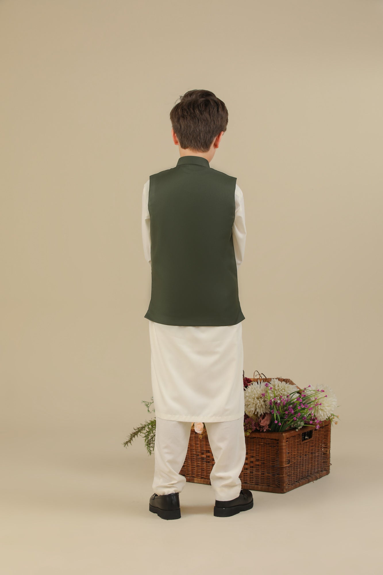 Bosky White Kurta Trouser with Army Green Suiting Waistcoat - Straight Cut - Kids