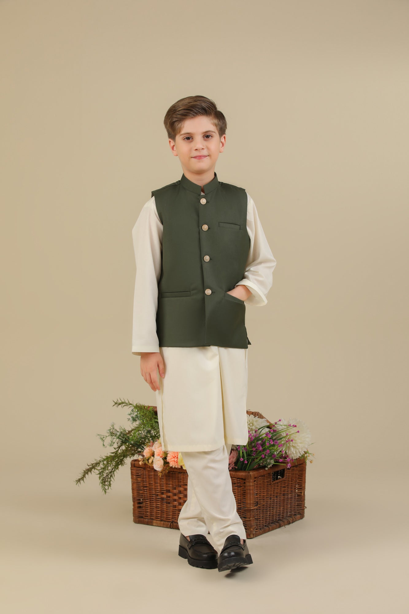 Bosky White Kurta Trouser with Army Green Suiting Waistcoat - Straight Cut - Kids