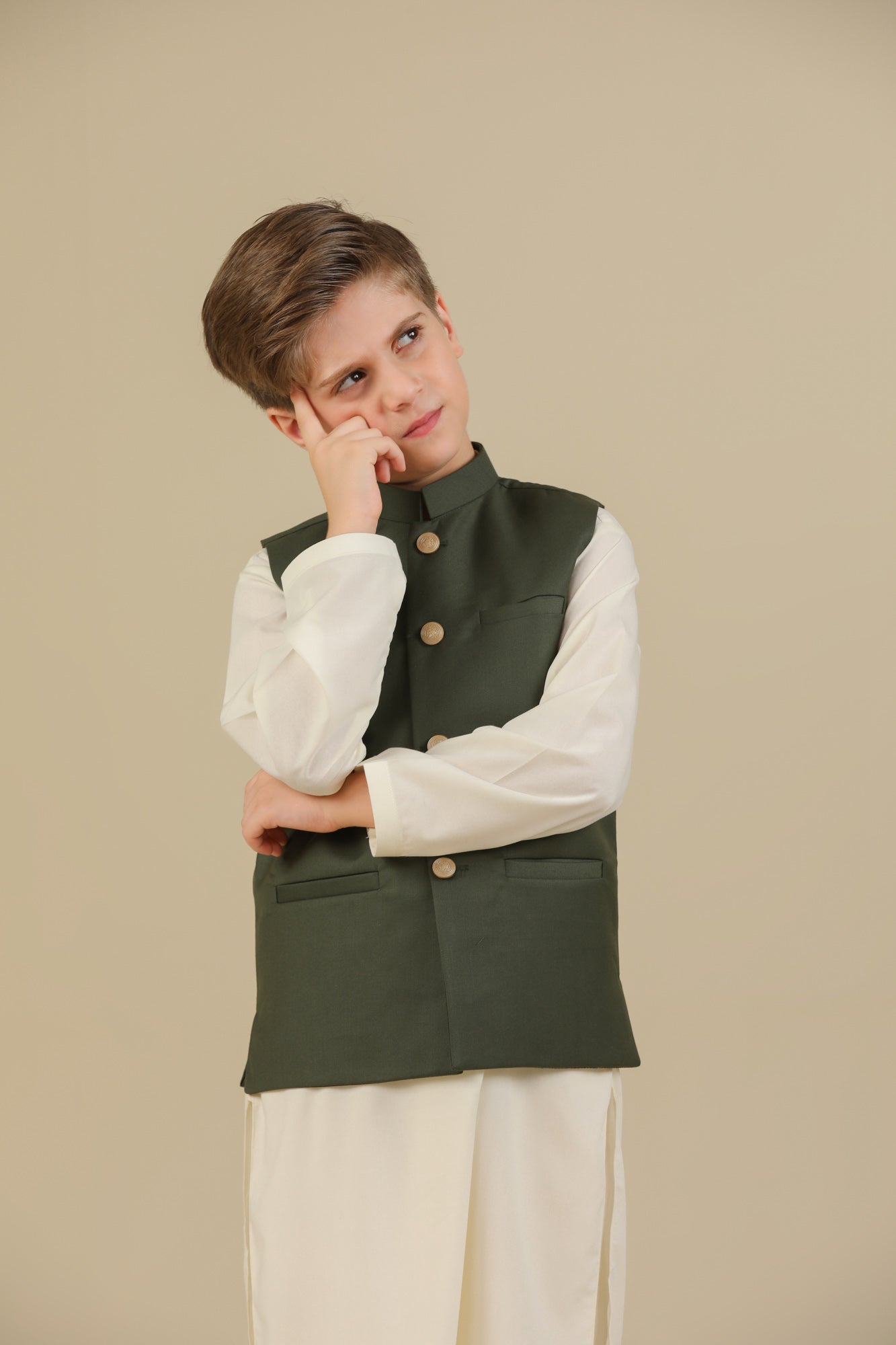 Bosky White Kurta Trouser with Army Green Suiting Waistcoat - Straight Cut - Kids