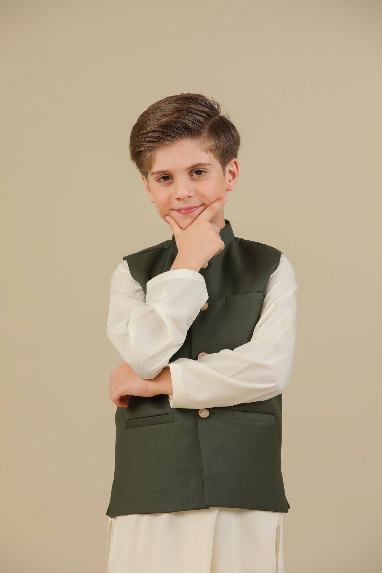 Bosky White Kurta Trouser with Army Green Suiting Waistcoat - Straight Cut - Kids