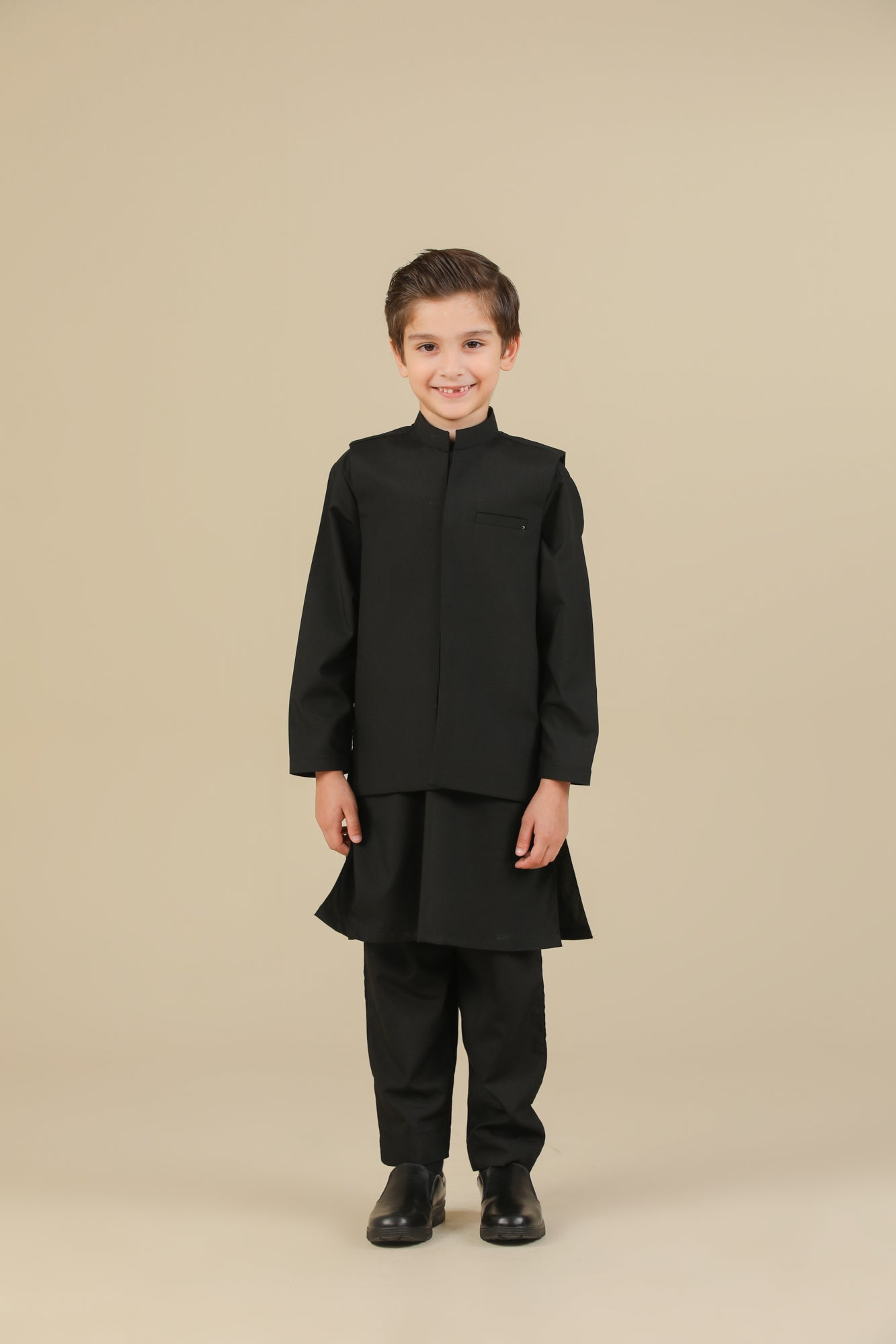 Midnight Black Kurta Trouser with Blended Waistcoat - Kids