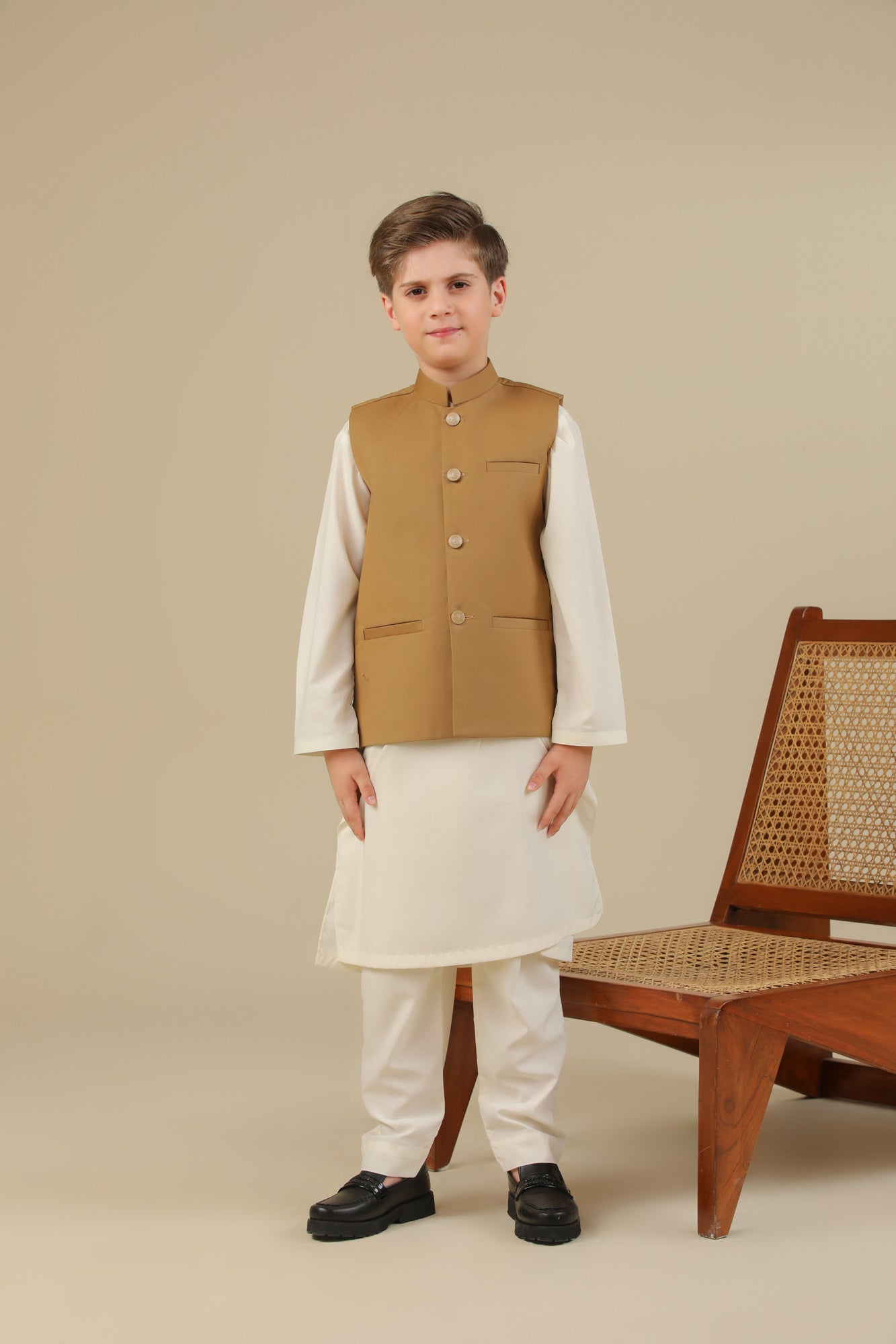 Bosky White Kurta Trouser with Camel Suiting Waistcoat - Straight Cut - Kids