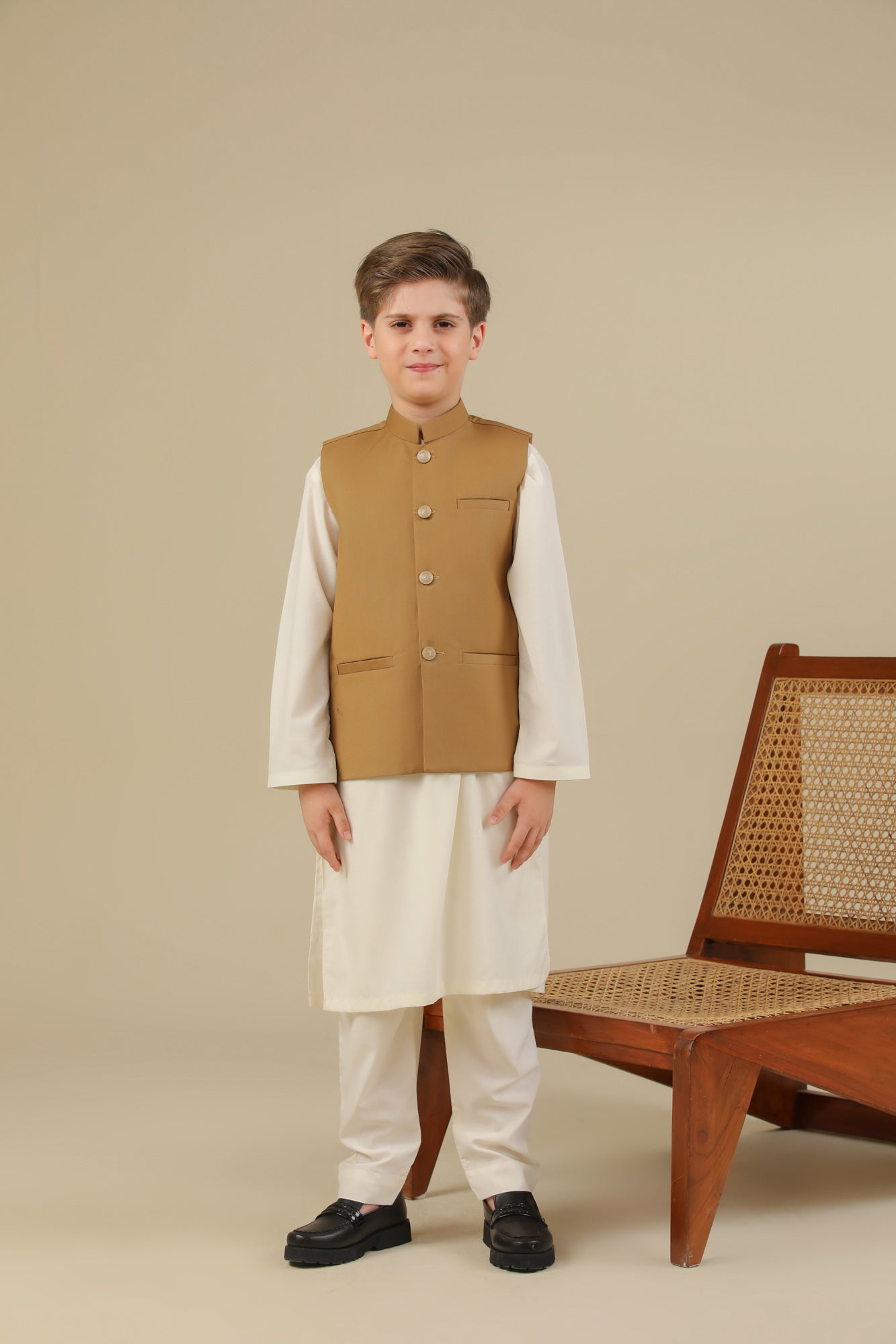 Bosky White Kurta Trouser with Camel Suiting Waistcoat - Straight Cut - Kids