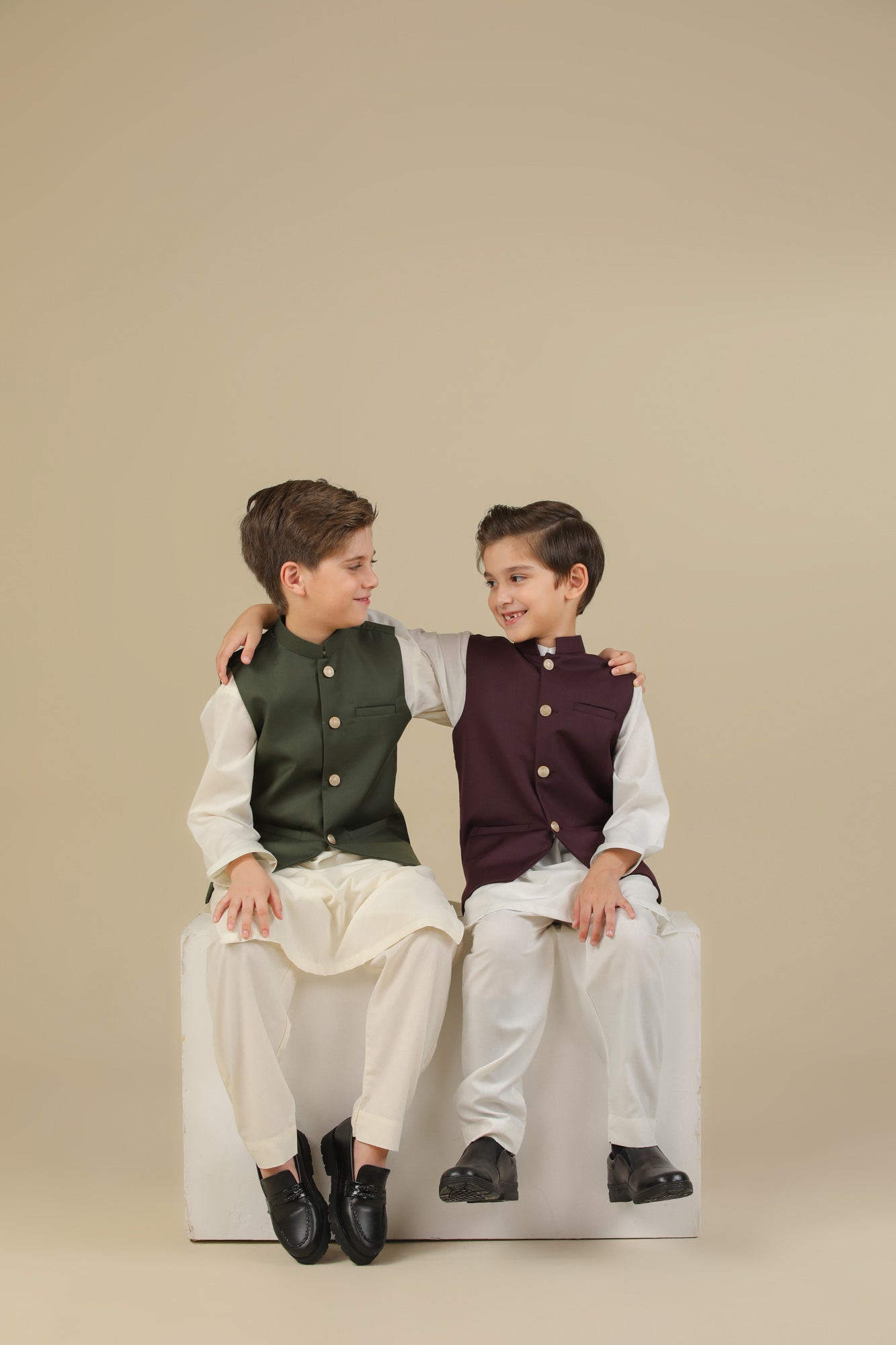 Off White Kurta Trouser with Burgundy Suiting Waistcoat - Straight Cut - Kids