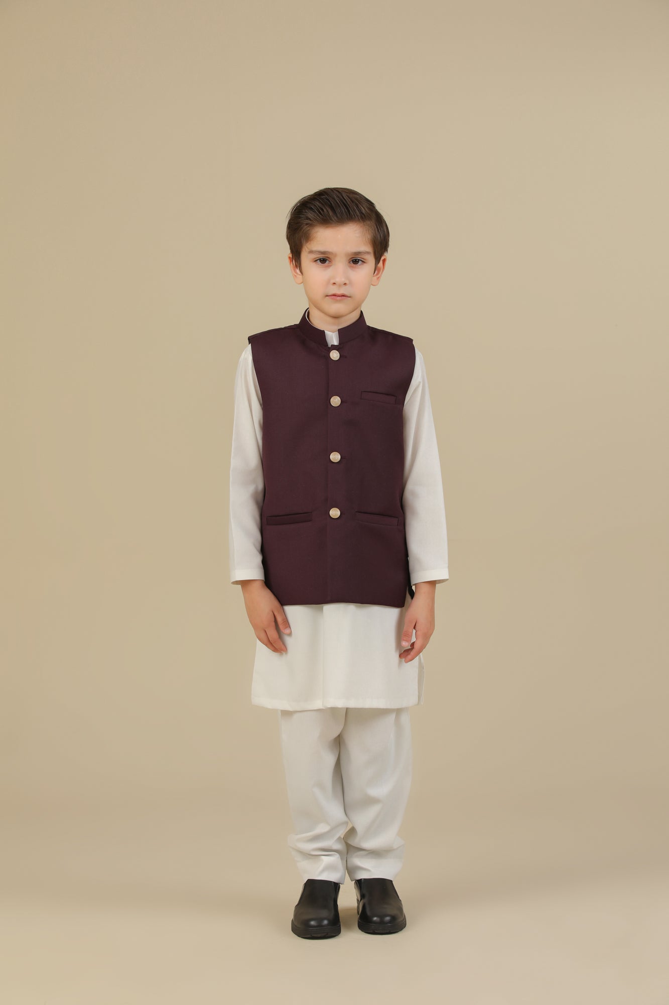 Off White Kurta Trouser with Burgundy Suiting Waistcoat - Straight Cut - Kids