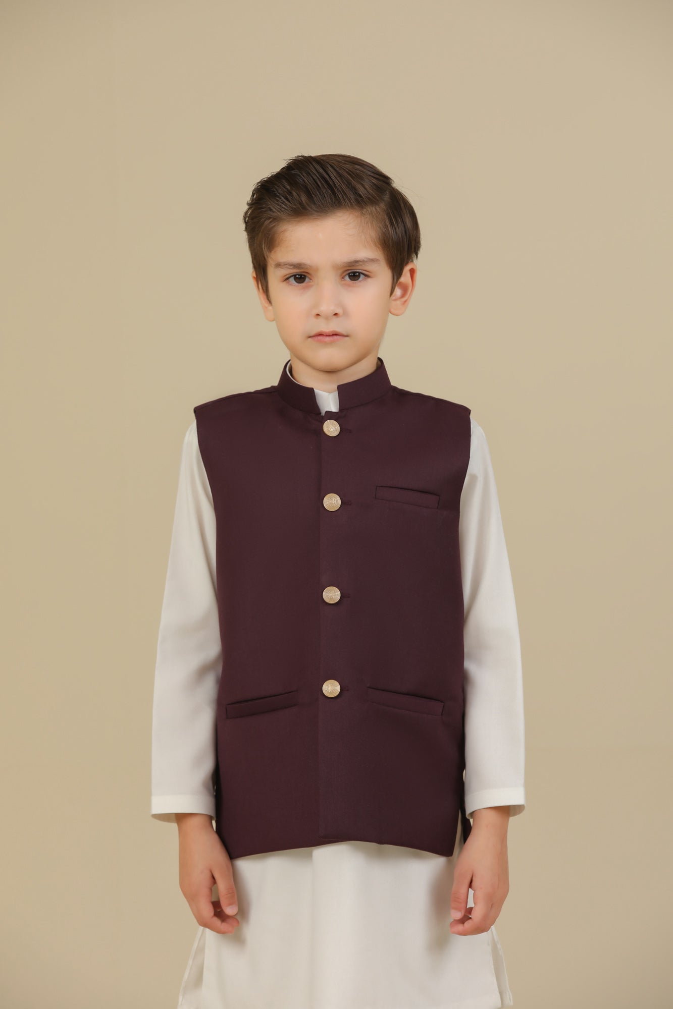 Off White Kurta Trouser with Burgundy Suiting Waistcoat - Straight Cut - Kids