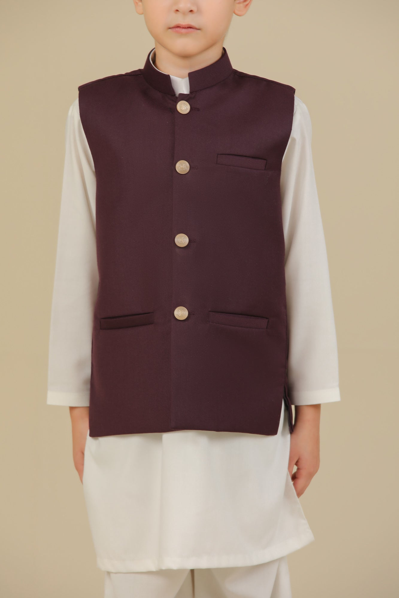 Off White Kurta Trouser with Burgundy Suiting Waistcoat - Straight Cut - Kids
