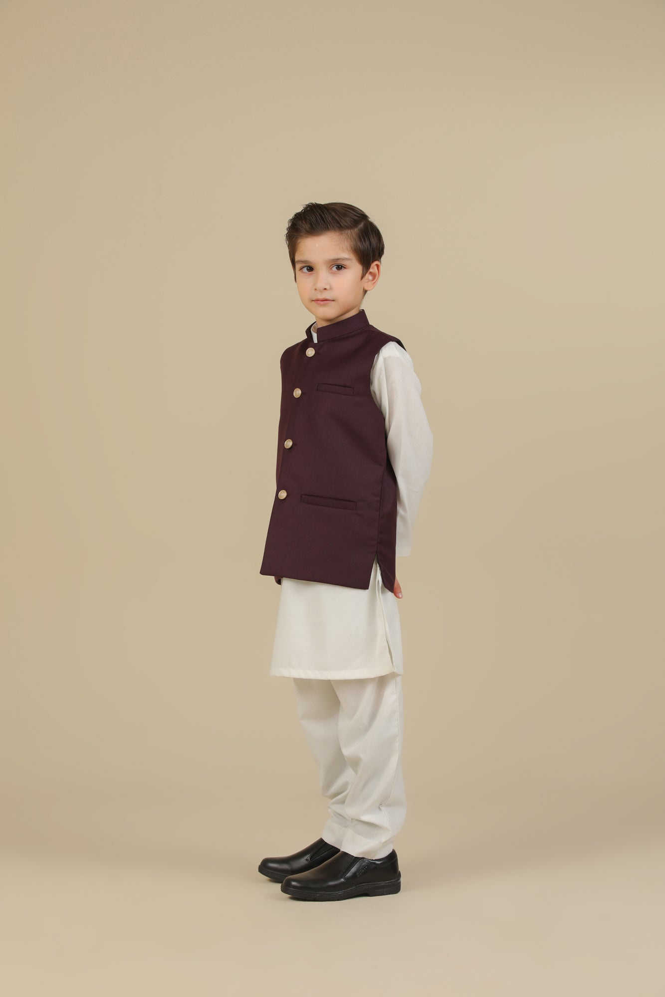 Off White Kurta Trouser with Burgundy Suiting Waistcoat - Straight Cut - Kids